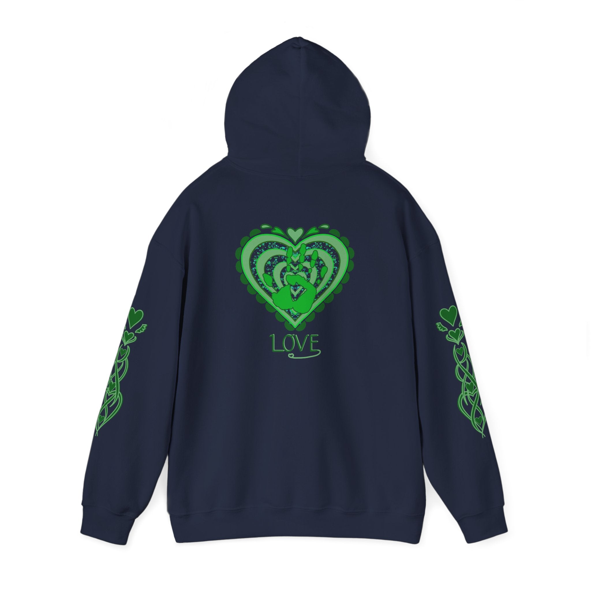 Navy blue hoodie with green heart design and 'LOVE' text on a white background