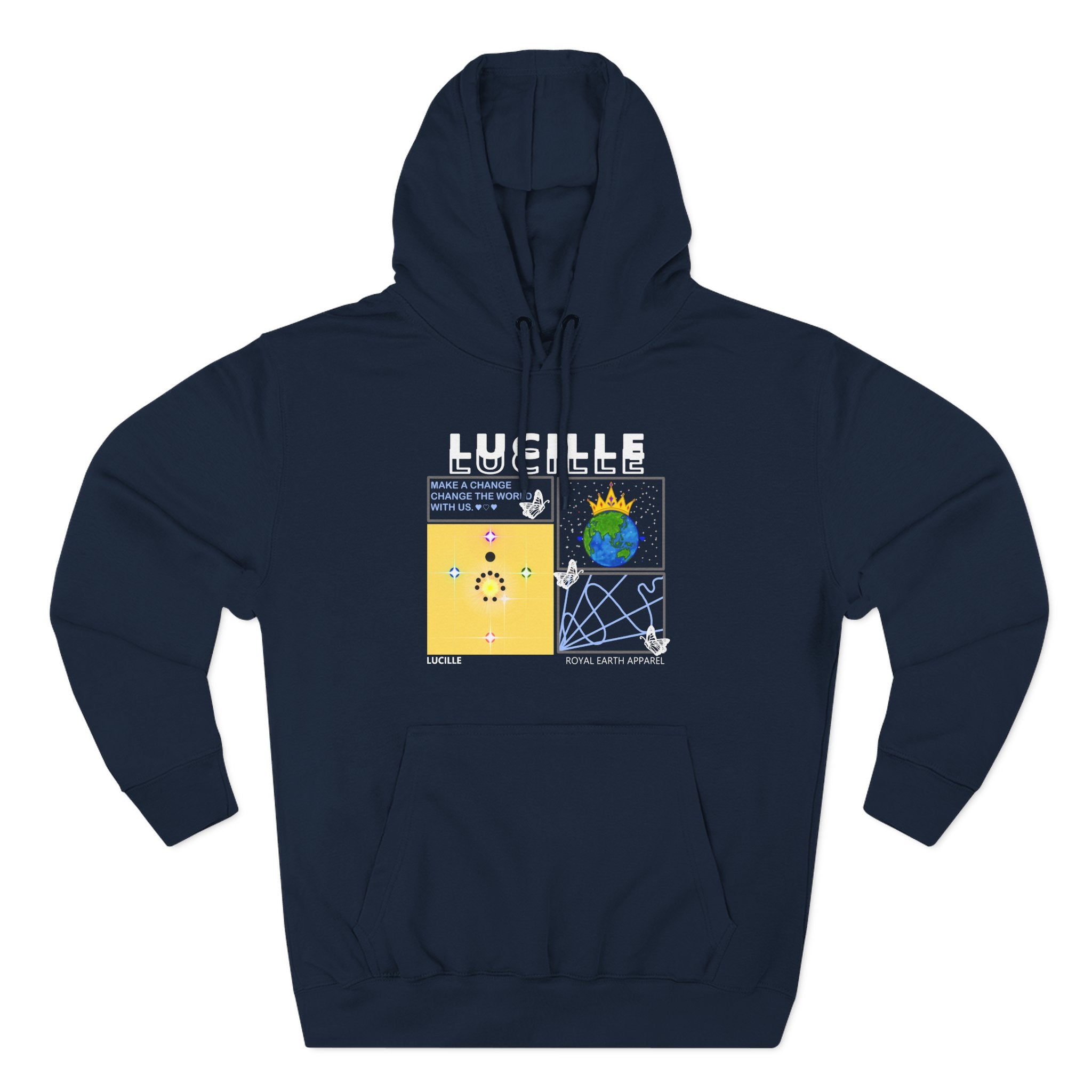 Navy blue hoodie with a Lucille graphic design on a white background