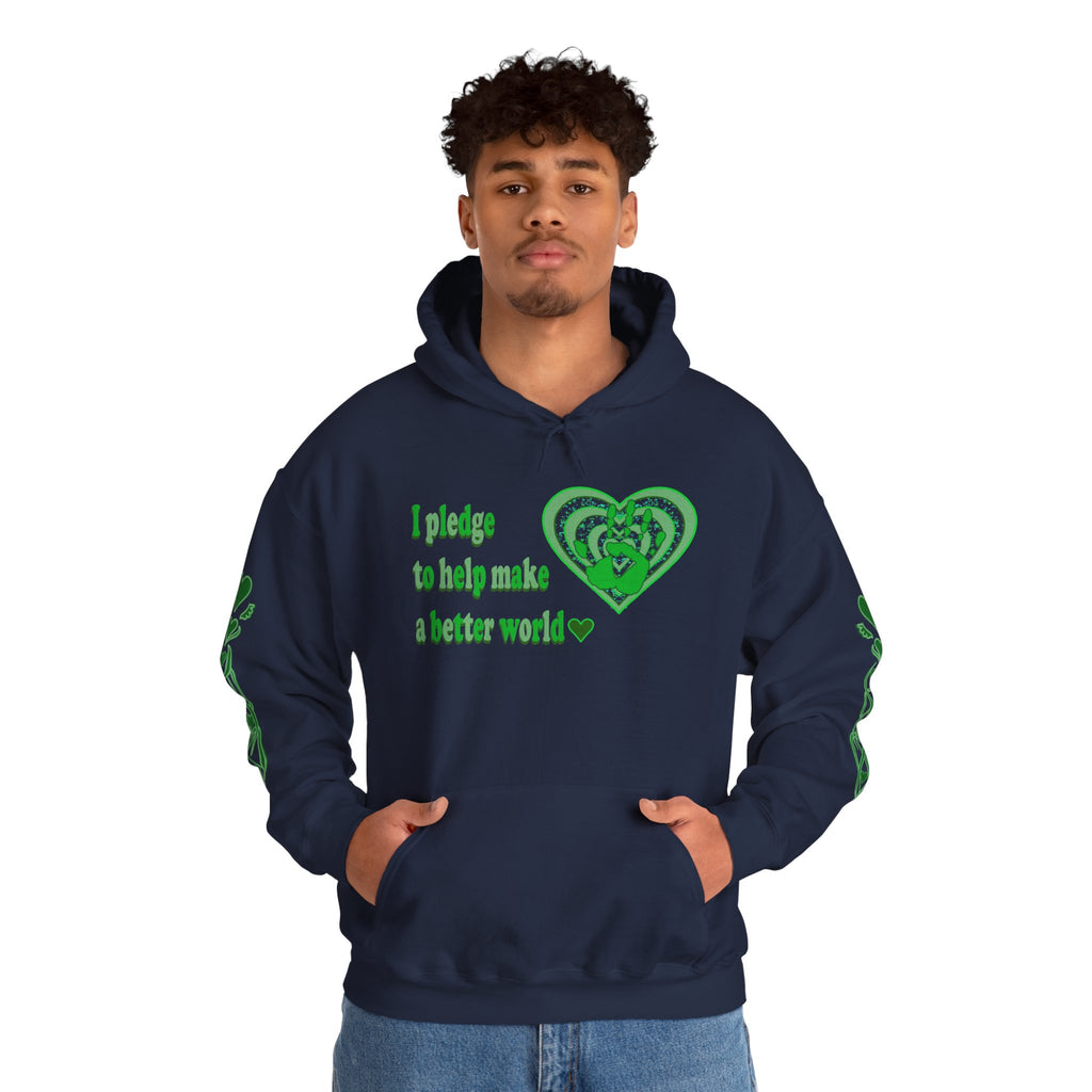 Person wearing a navy hoodie with green text and heart design 