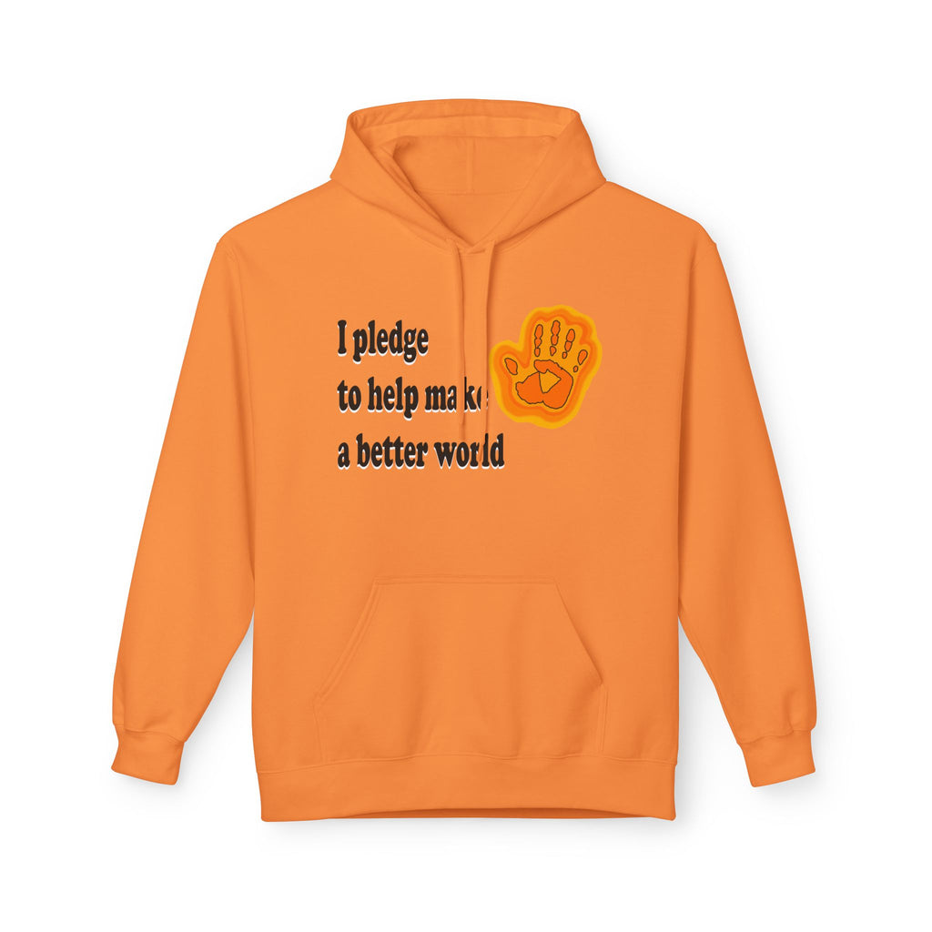 Orange hoodie with text and handprint design on a white background
