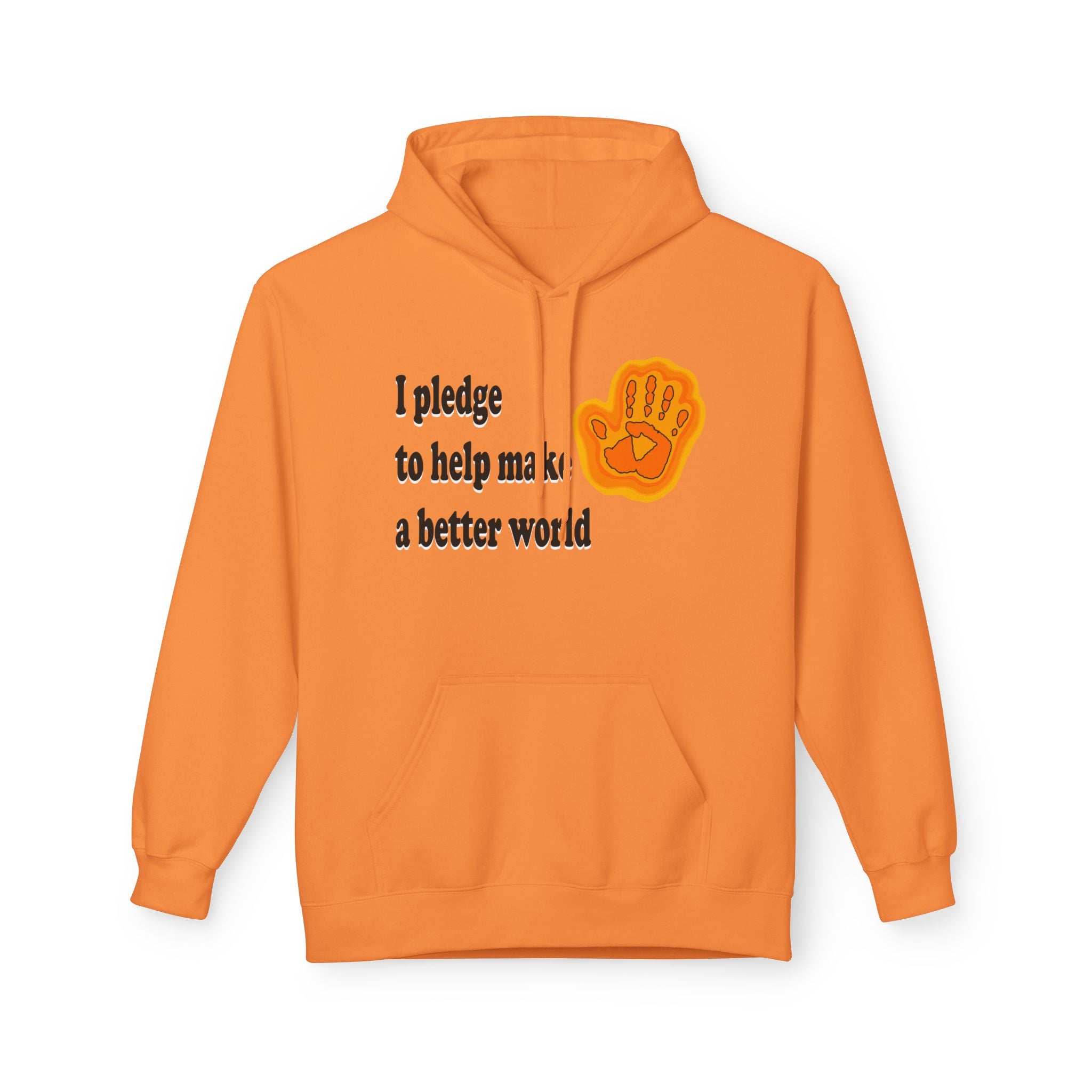 Orange hoodie with text and handprint design on a white background