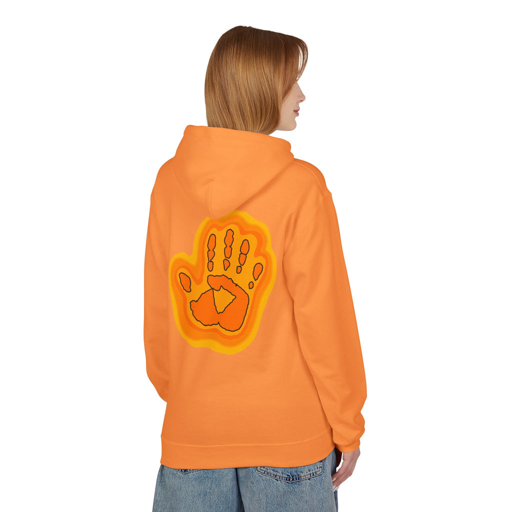 Person wearing an orange hoodie with a handprint design on the back, standing against a white background.