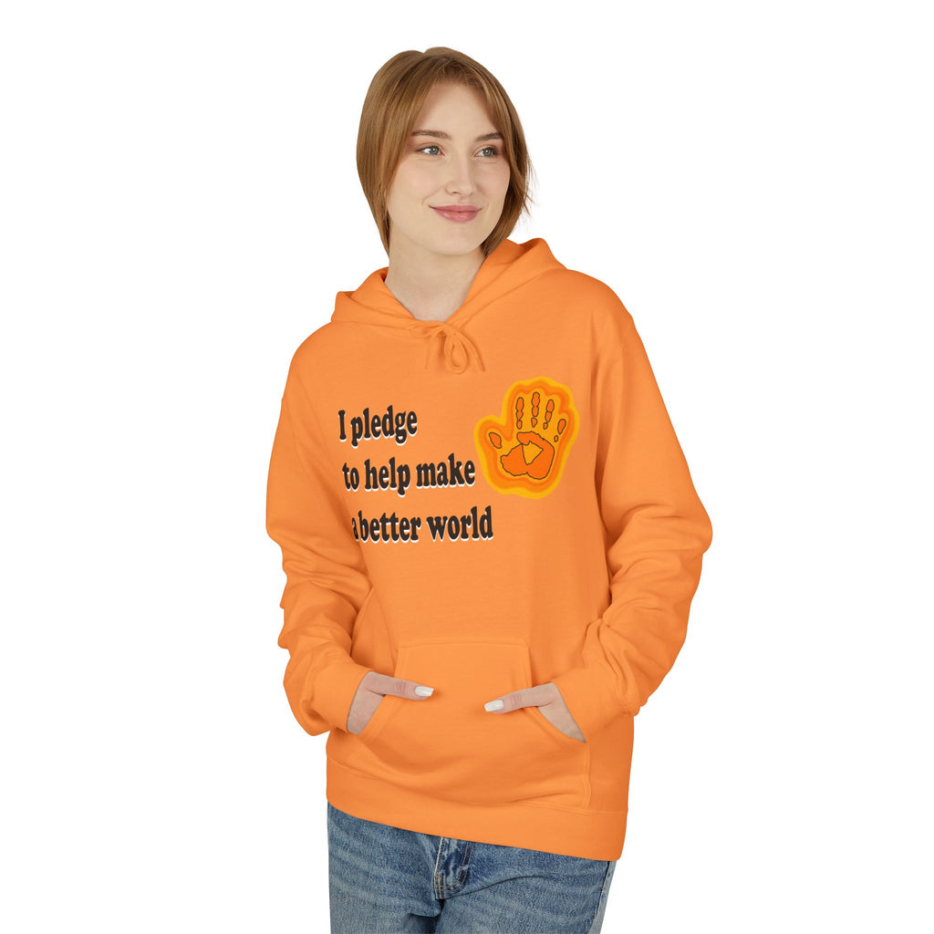 Person wearing an orange hoodie with text and a handprint design on a white background