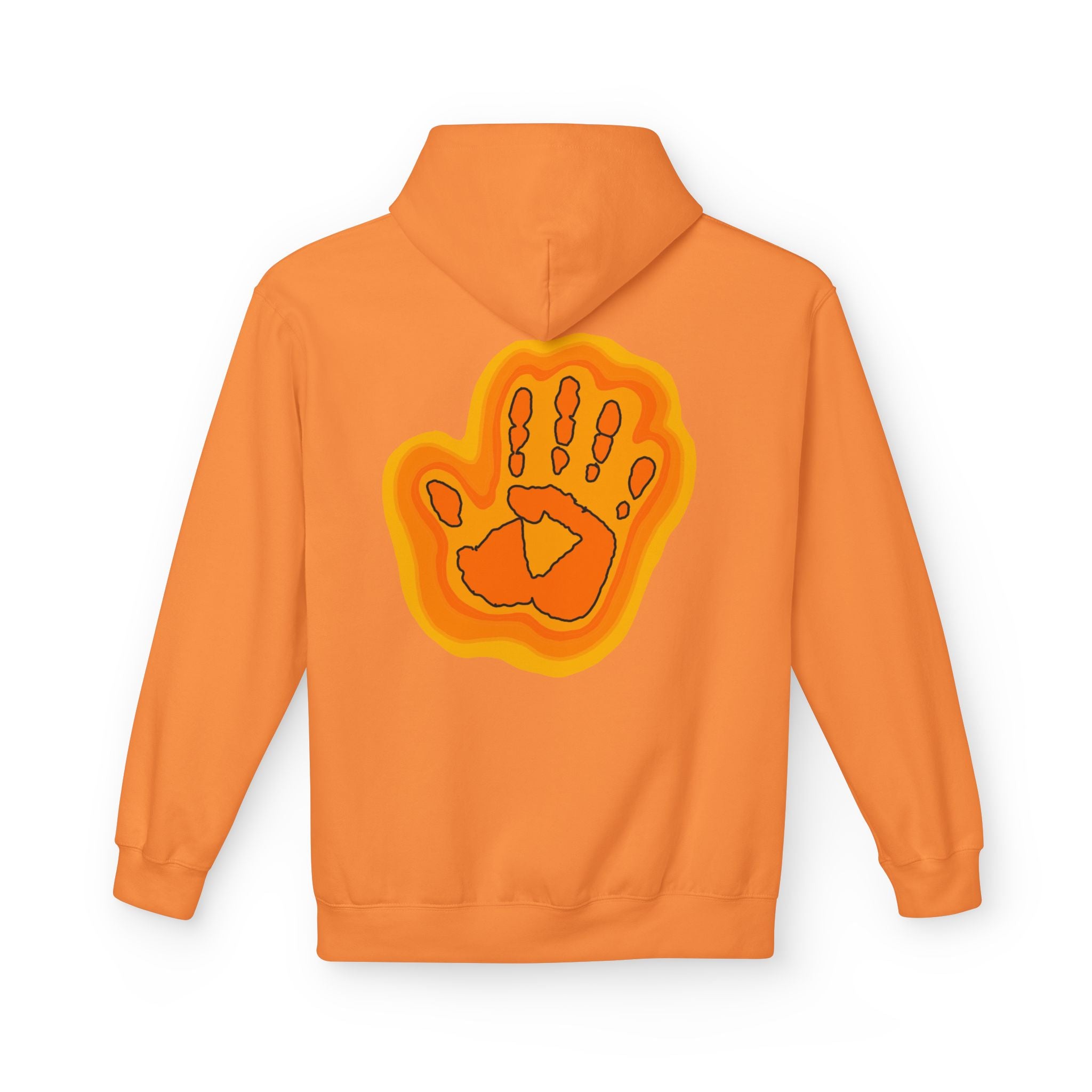 Orange hoodie with a handprint design on the back against a white background