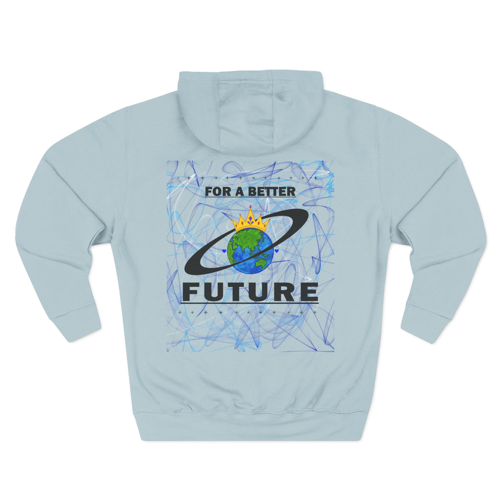 Light blue hoodie with 'For a Better Future' design on the back