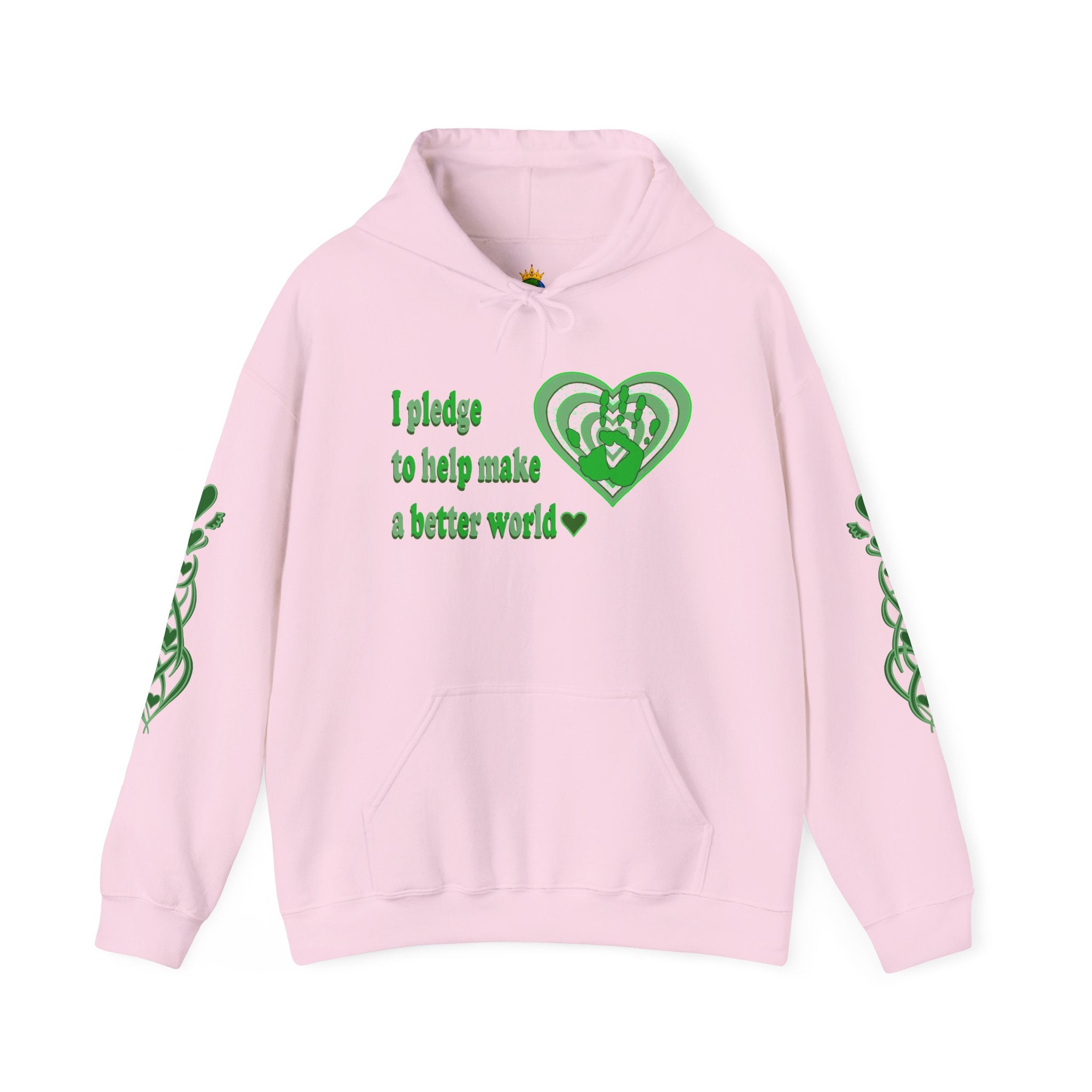 Pink hoodie with green text and heart design