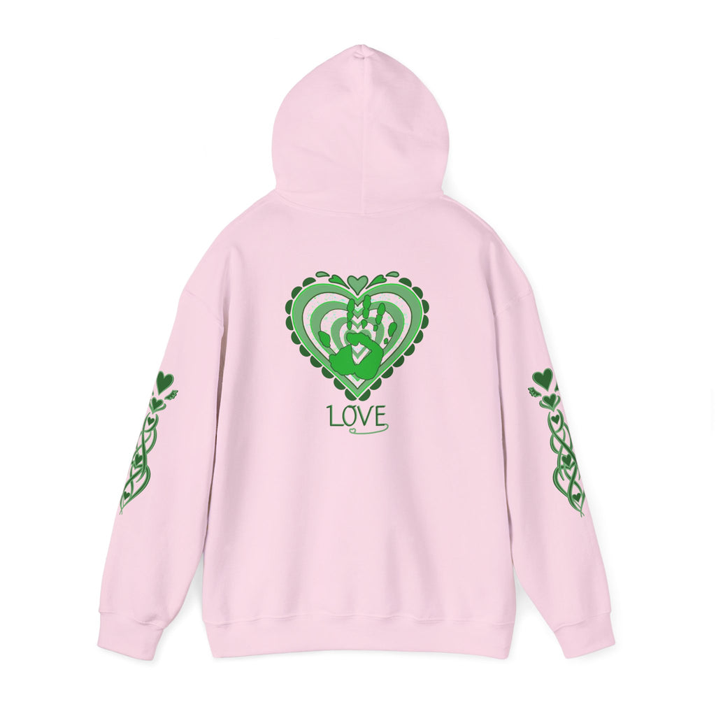 Pink hoodie with green heart design and 'LOVE' text on a white background