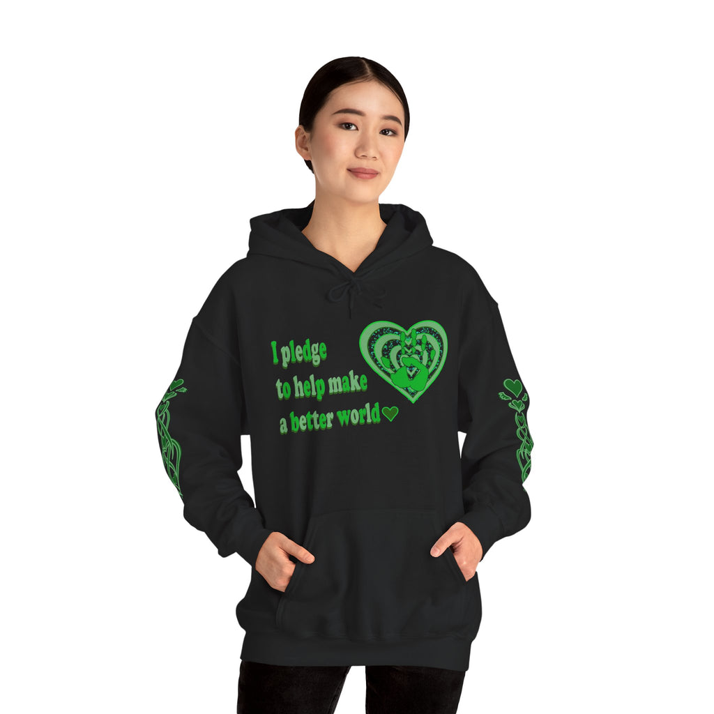 Person wearing a black hoodie with green text and heart design