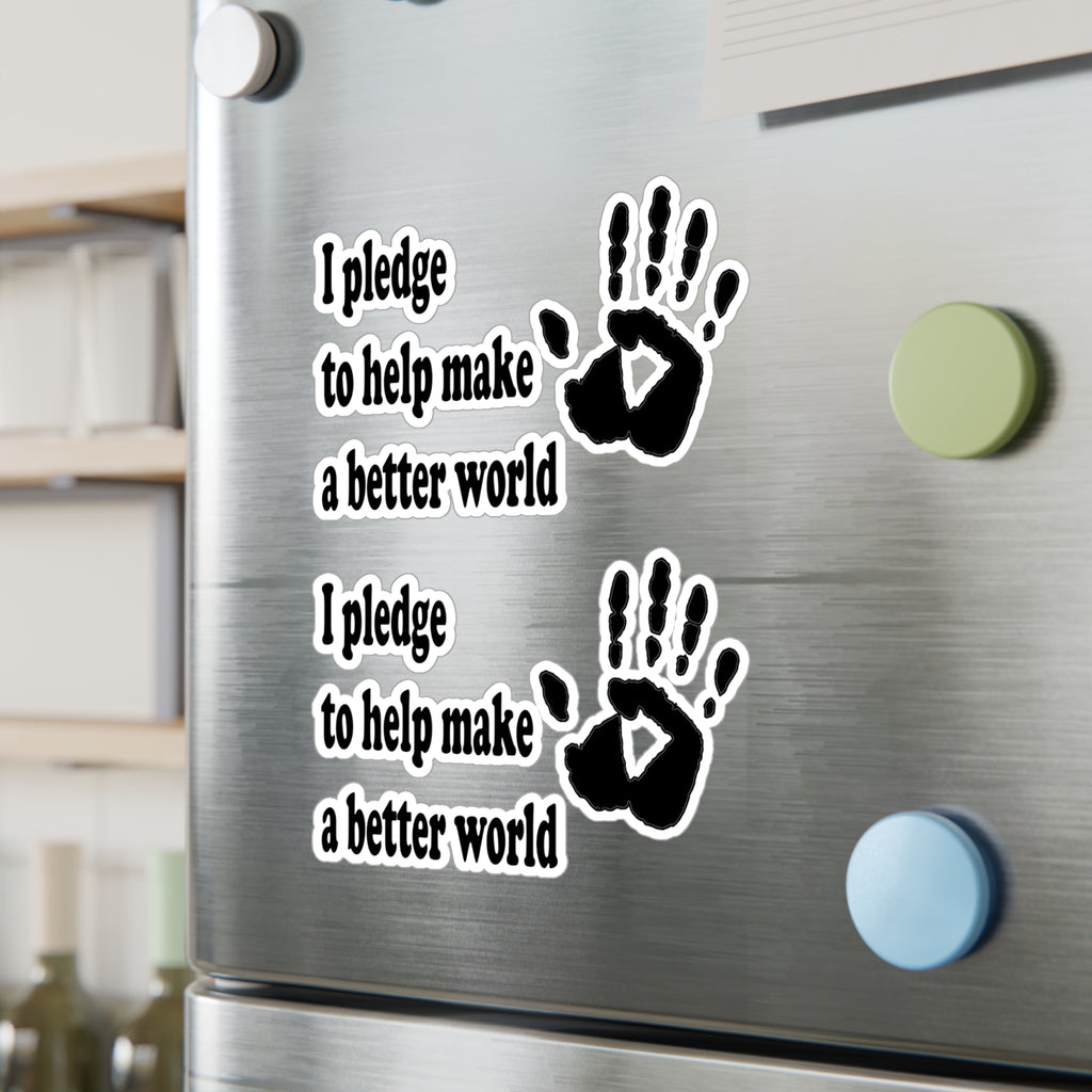 Handprint decals with text that reads 'I pledge to help make a better world' on a metallic surface