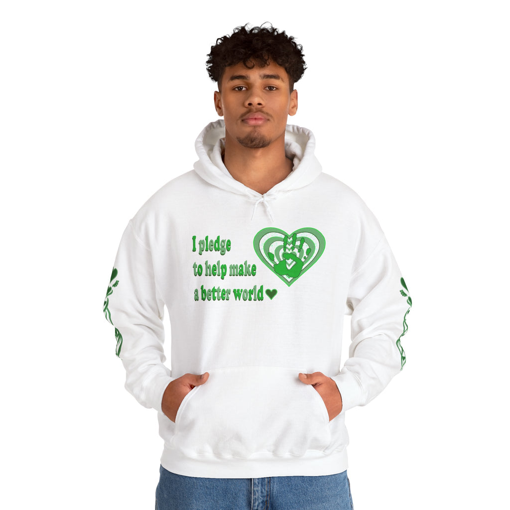 Person wearing a white hoodie with green text and logo on a white background