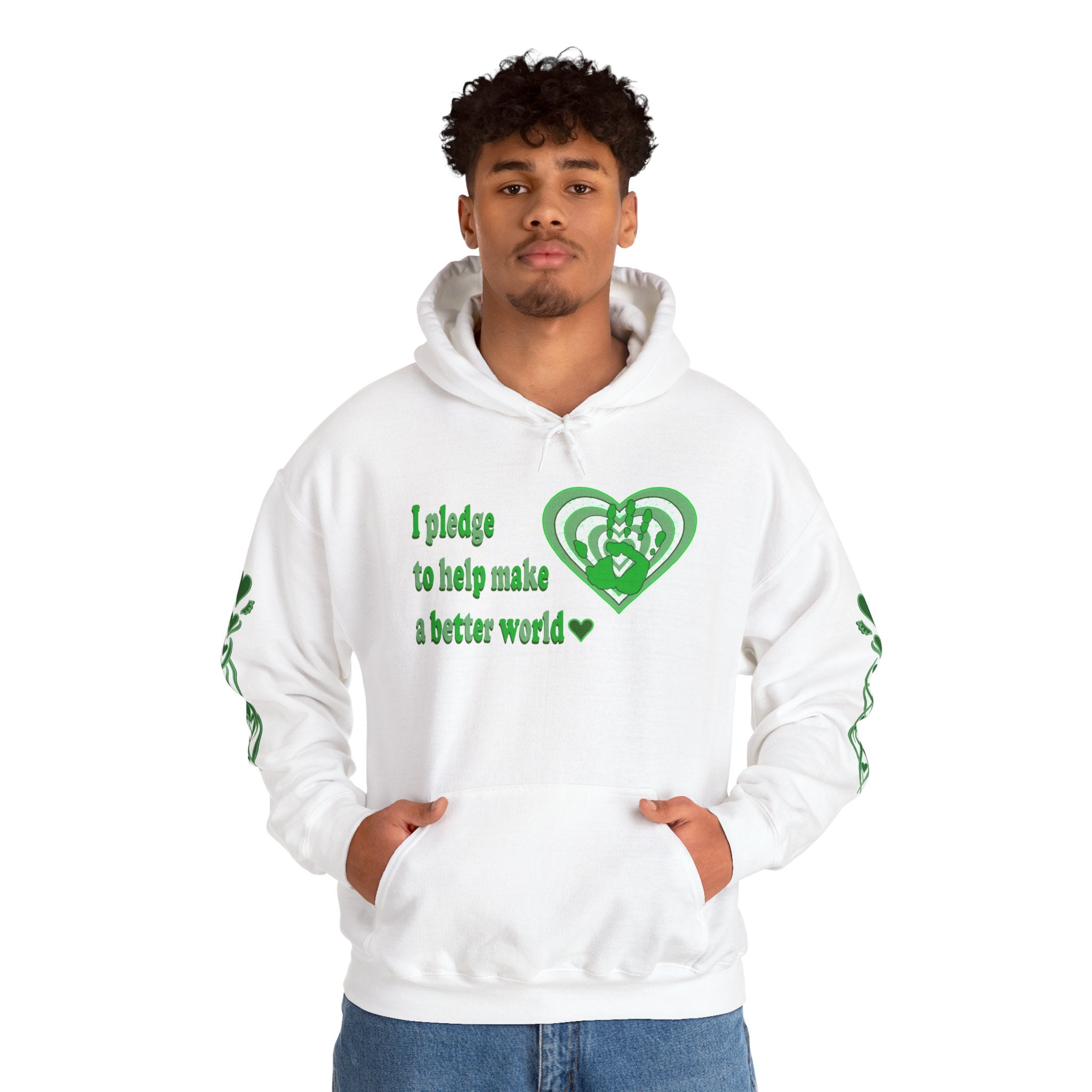 Person wearing a white hoodie with green text and logo on a white background