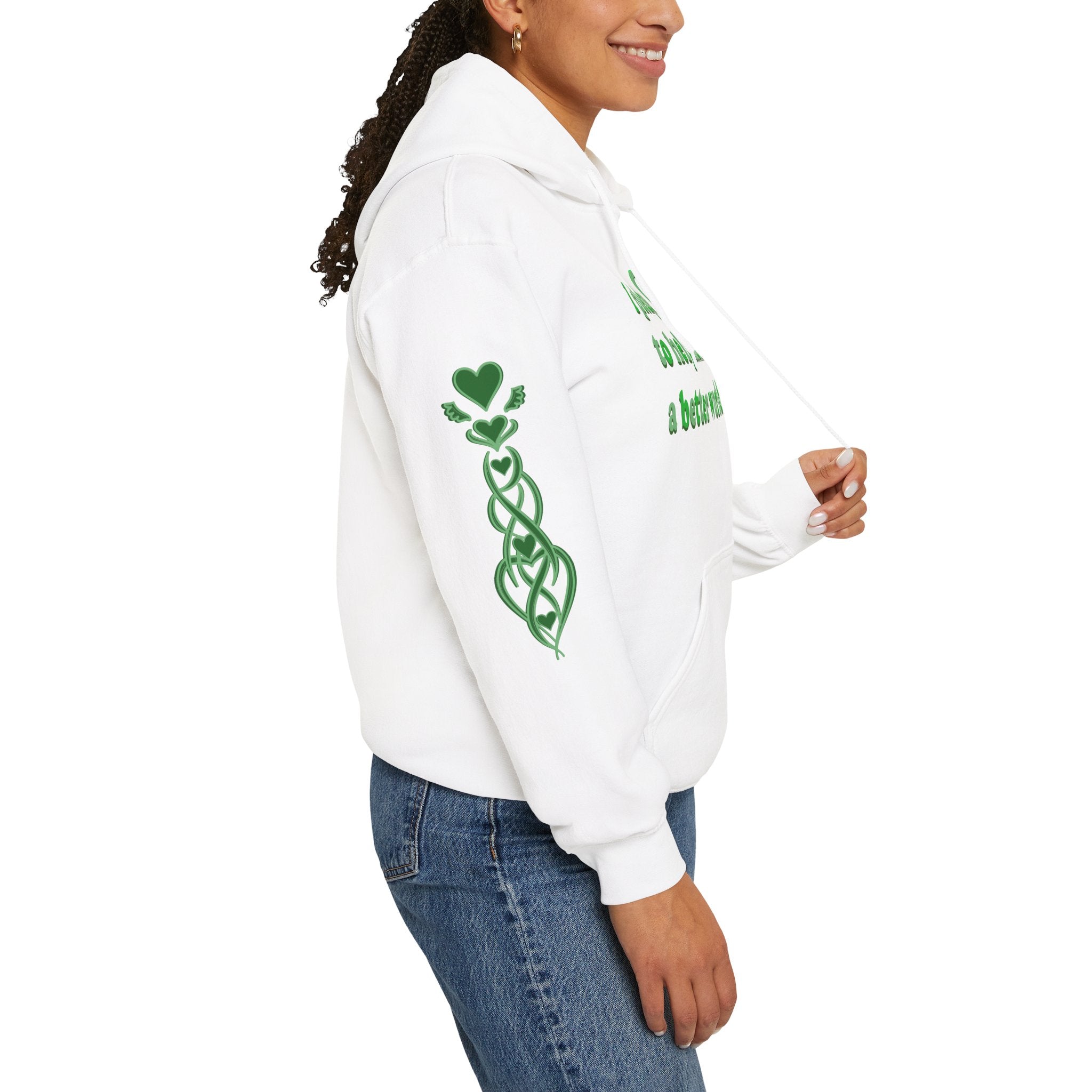 Person wearing a white hoodie with green graphics on a white background