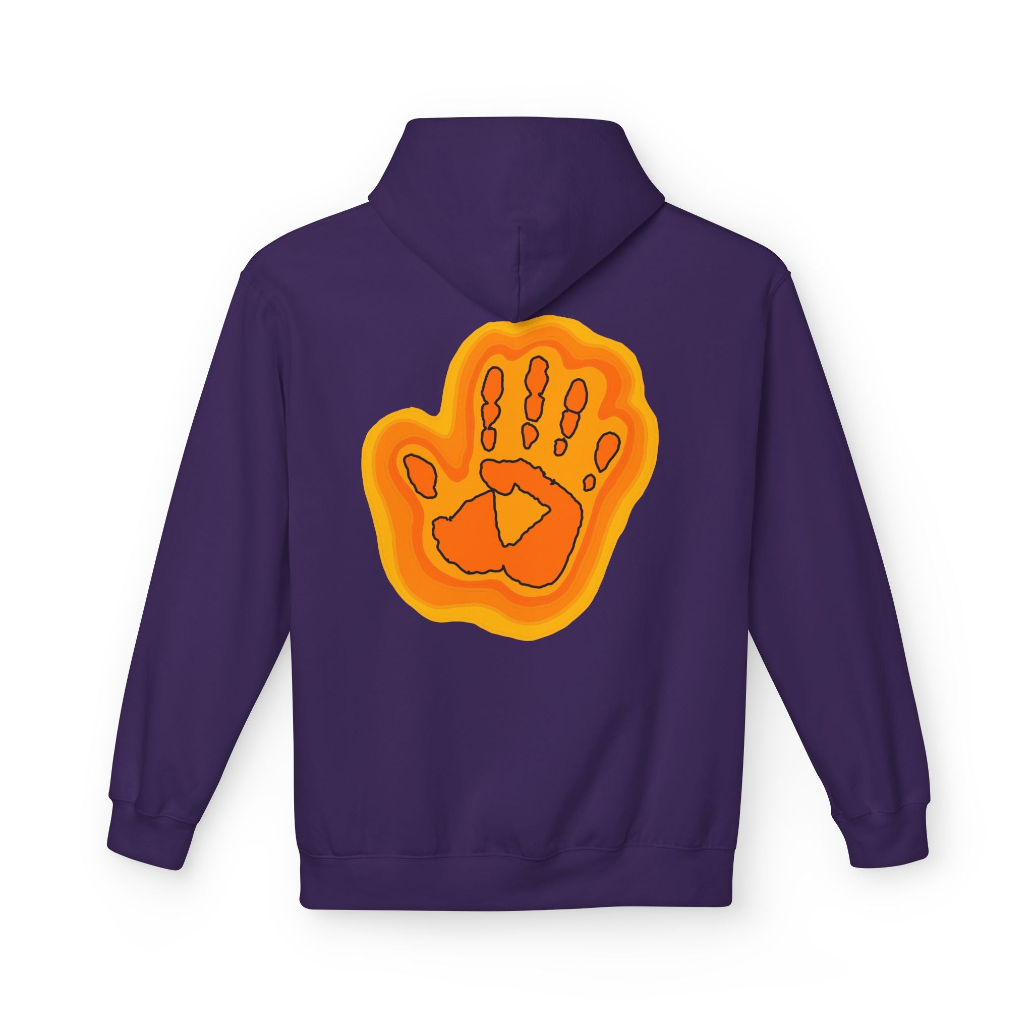 Purple hoodie with a yellow and orange graphic on the back against a white background