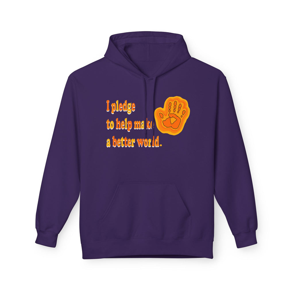 Purple hoodie with text and hand graphic on a white background
