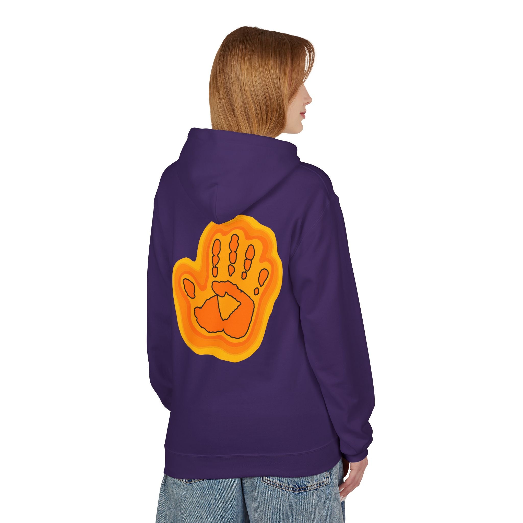 Person wearing a purple hoodie with an orange handprint design on the back, on a white background