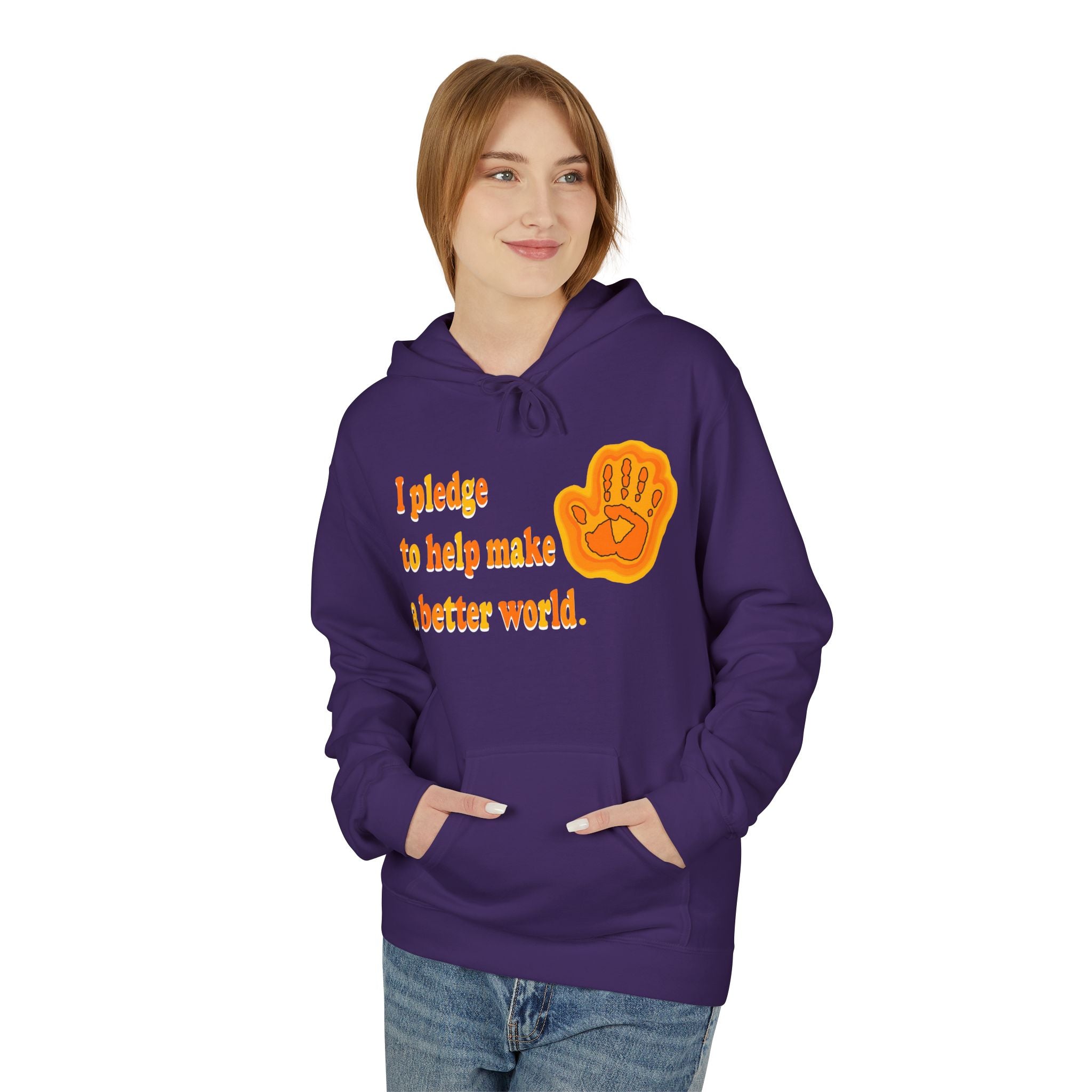 Person wearing a purple hoodie with a handprint and text on a white background