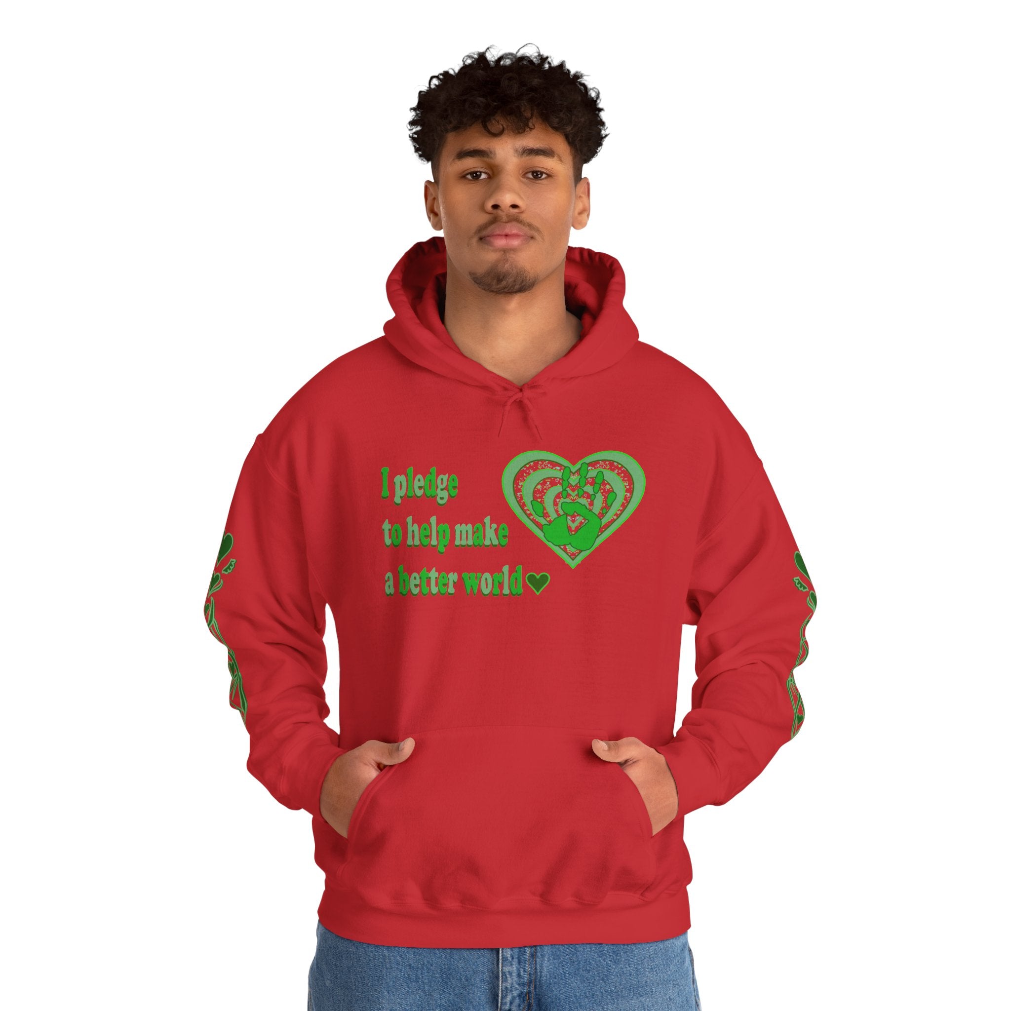 Person wearing a red hoodie with green text and heart design on a white background