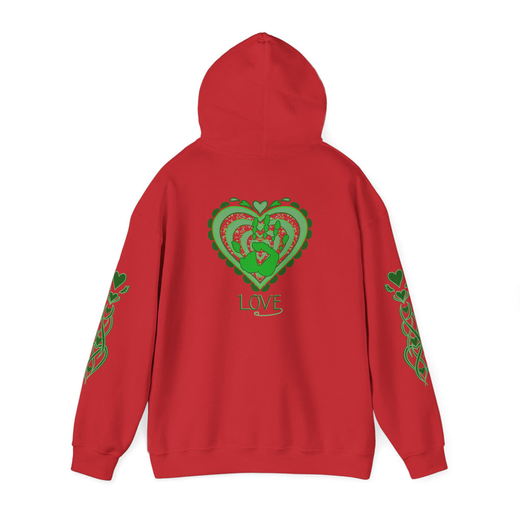 Red hoodie with green heart design and 'LOVE' text on a white background