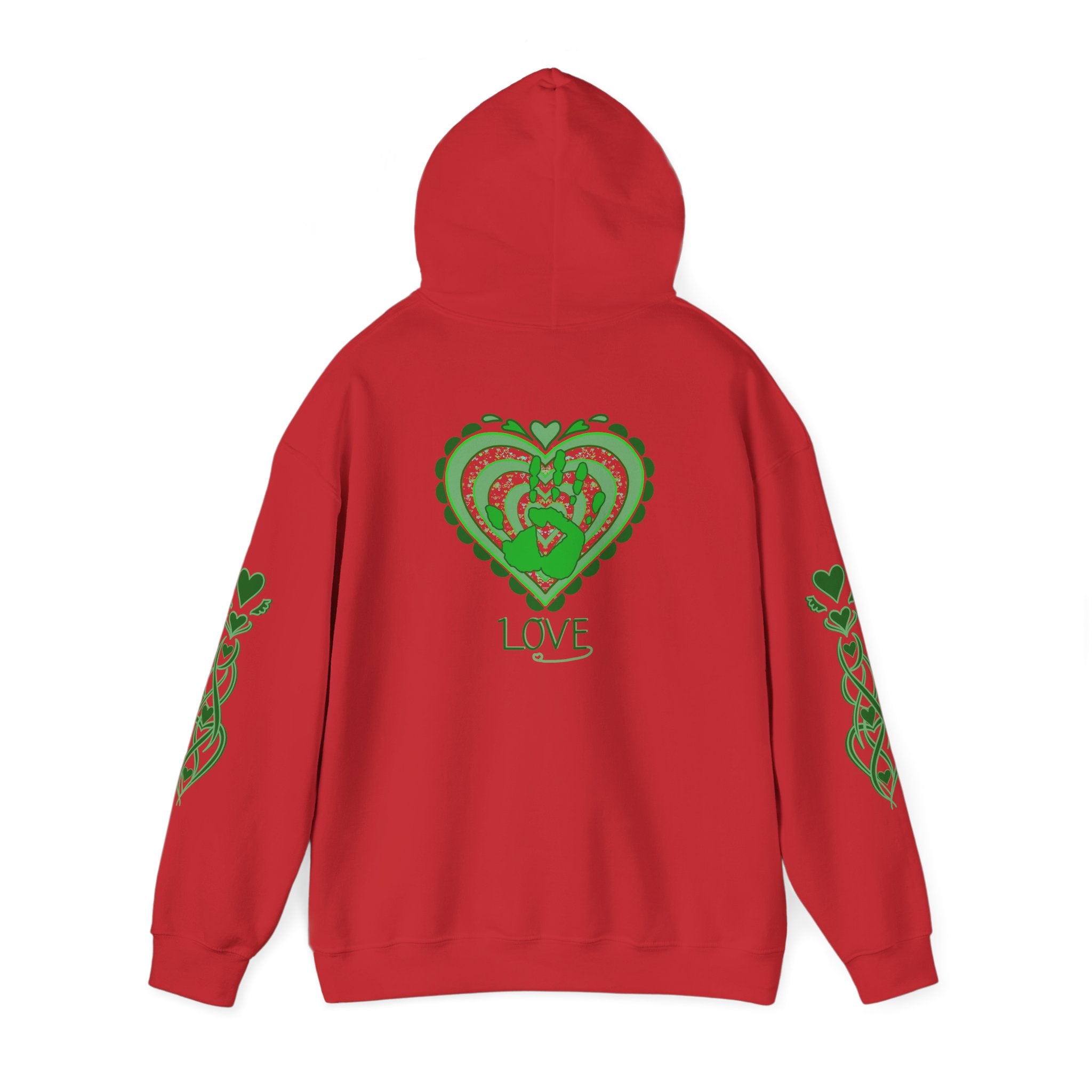 Red hoodie with green heart design and 'LOVE' text on a white background