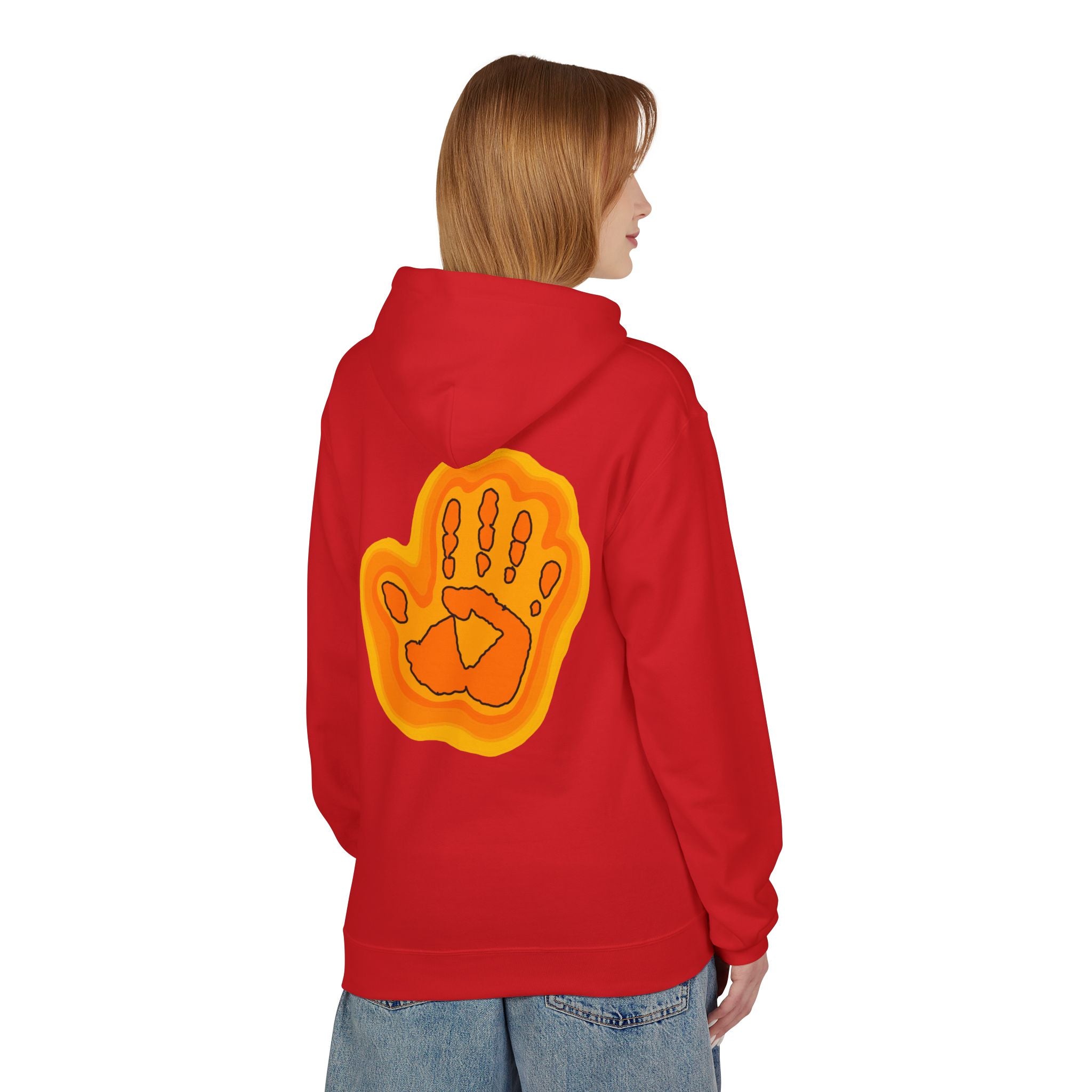 Person wearing a red hoodie with an orange handprint design on the back, on a white background