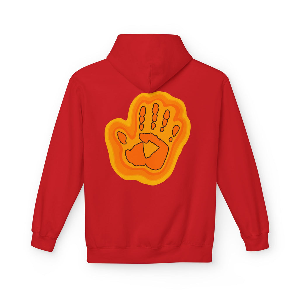 Red hoodie with a yellow and orange graphic on the back against a white background