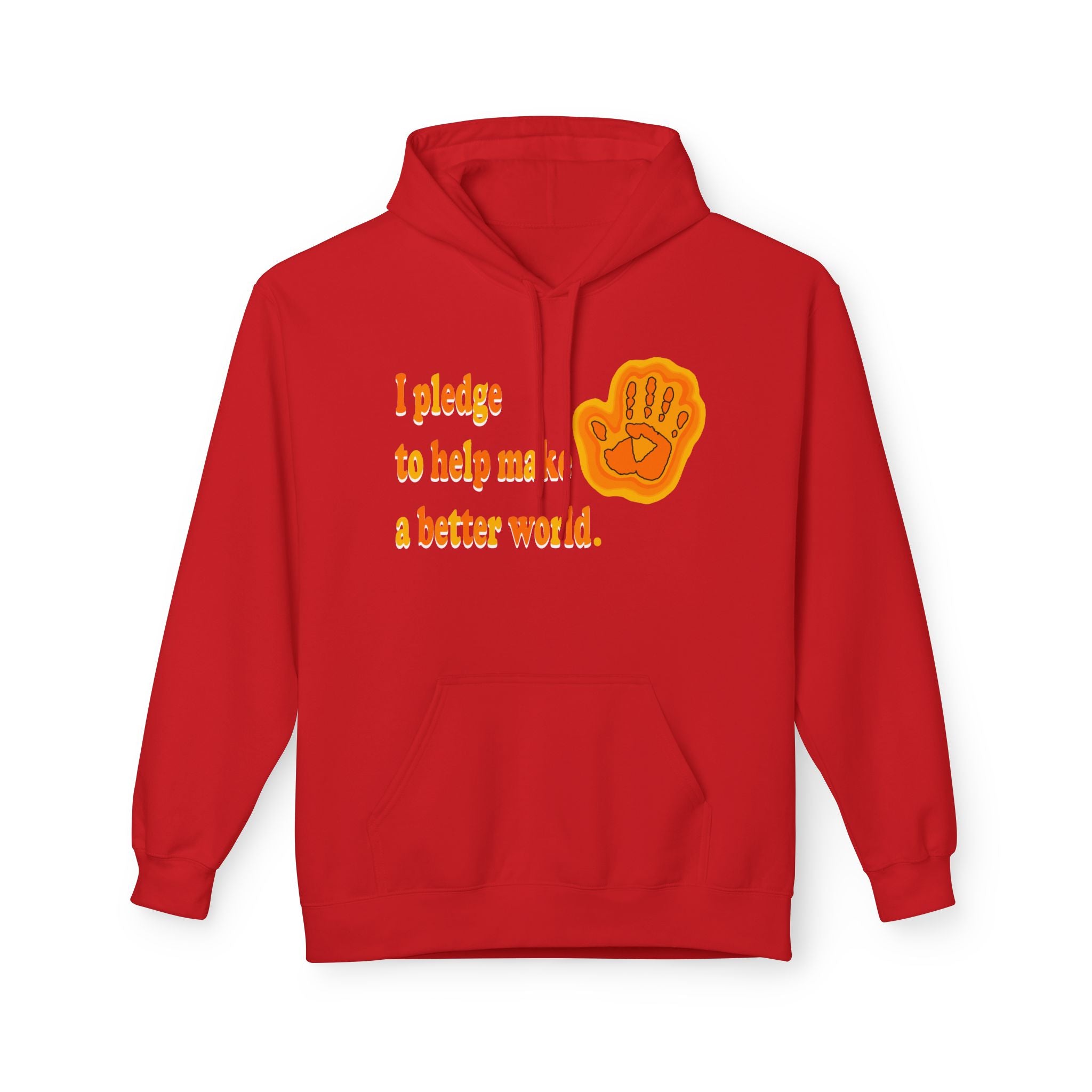 Red hoodie with text and handprint design on a white background