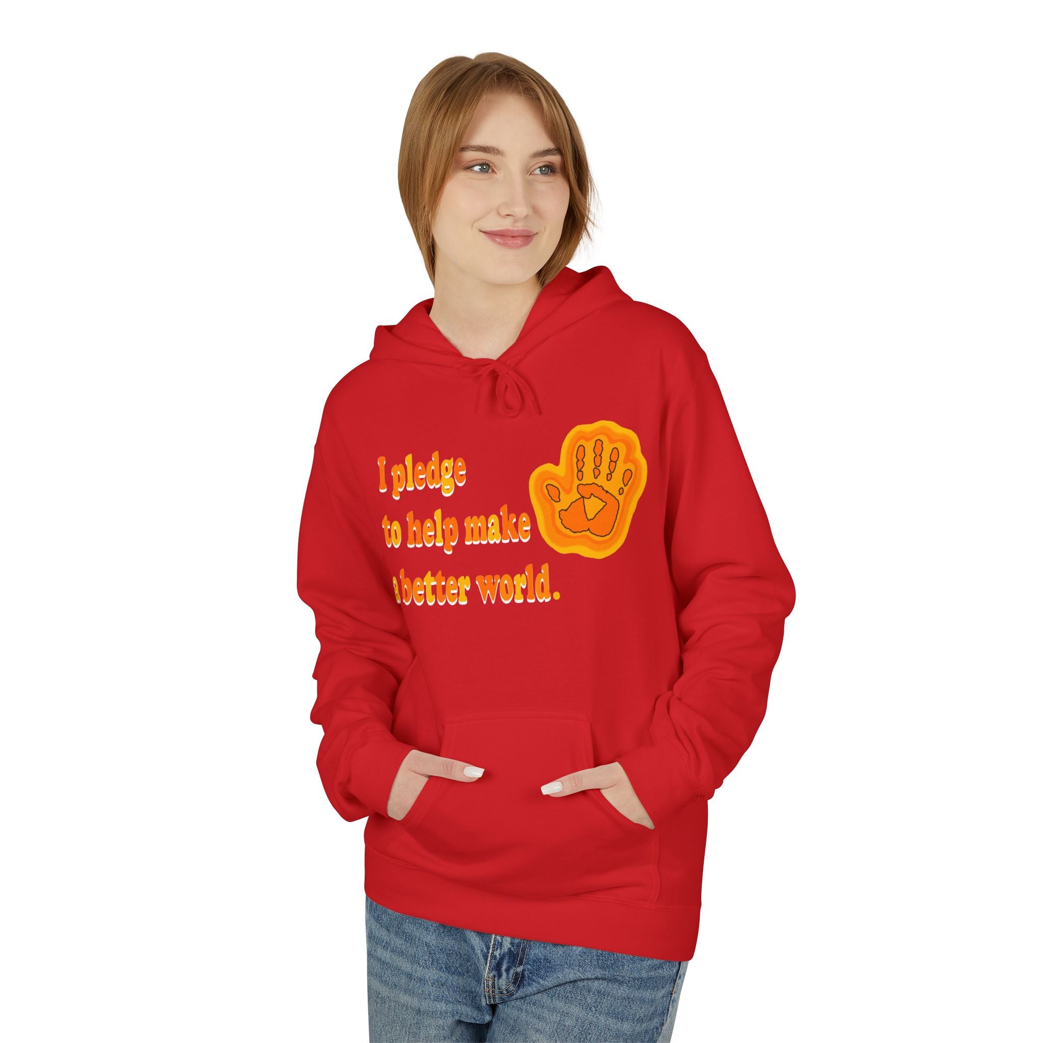Person wearing a red hoodie with a yellow graphic and text on a white background