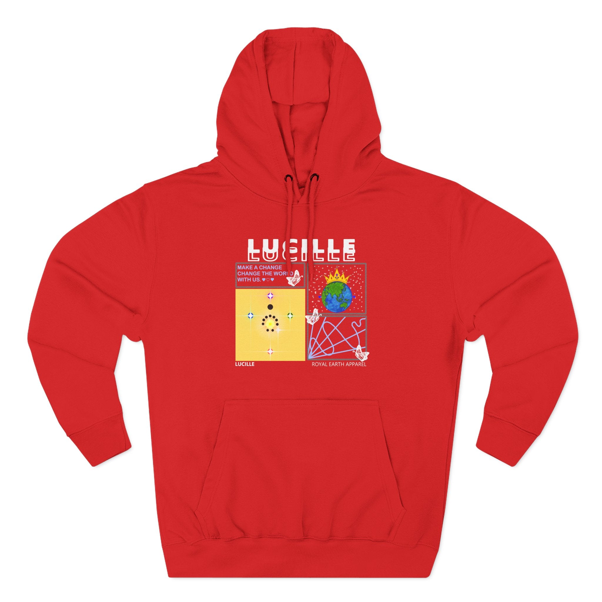 Red hoodie with a Lucille graphic design on a white background