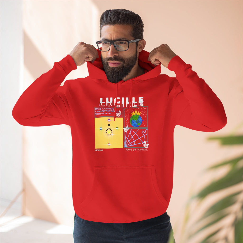 Man wearing a red hoodie with a Lucille graphic and text, standing indoors.