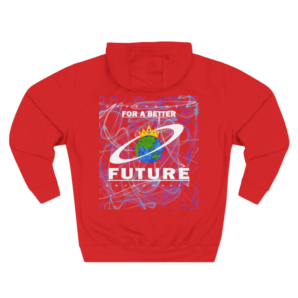 Red hoodie with 'For a Better Future' graphic on the back against a white background