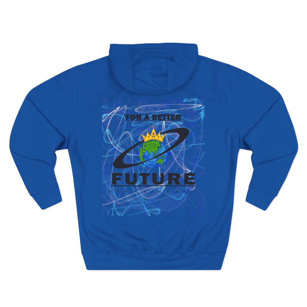 Royal blue hoodie with a Lucille graphic design on the back featuring text and a globe.