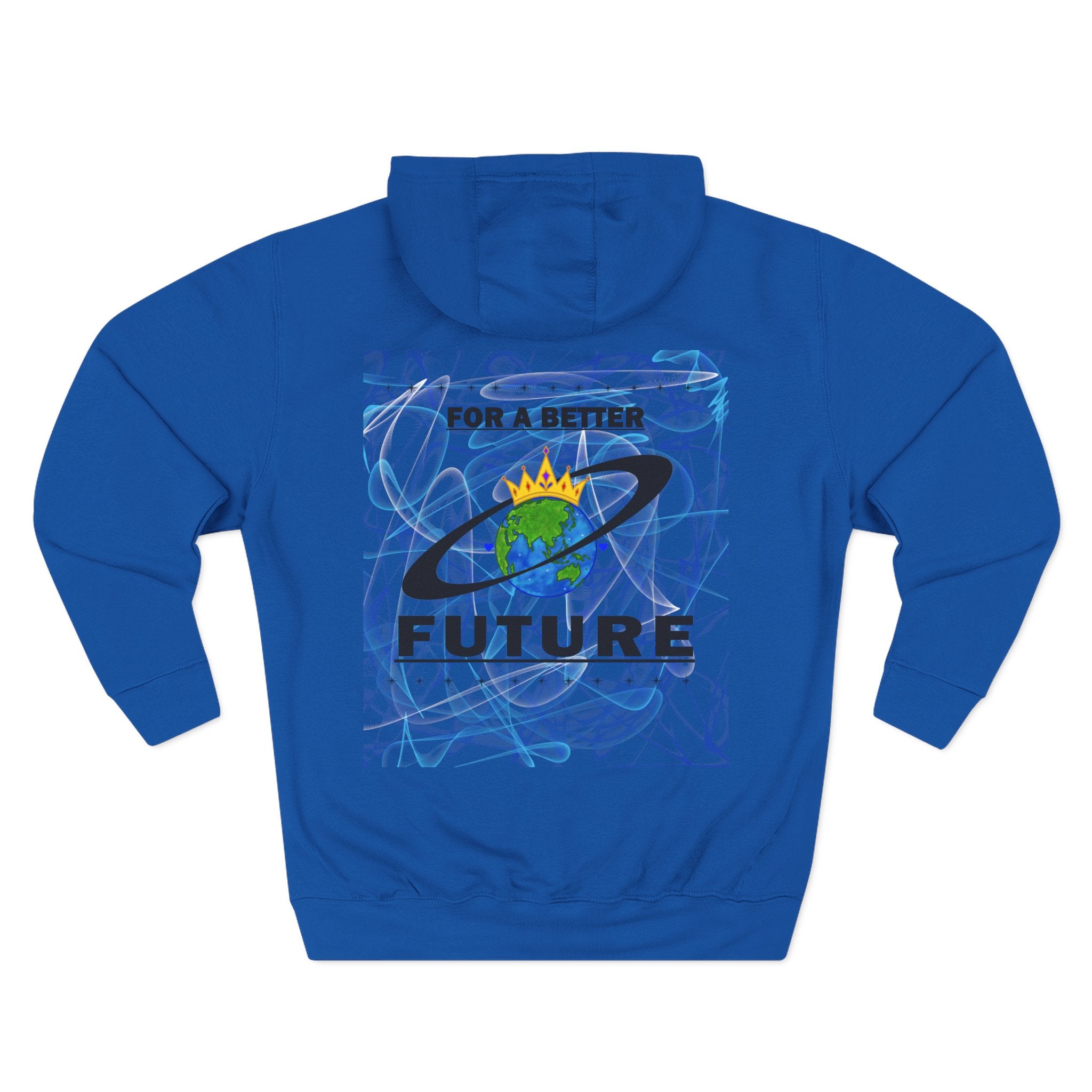 Royal blue hoodie with a Lucille graphic design on the back featuring text and a globe.
