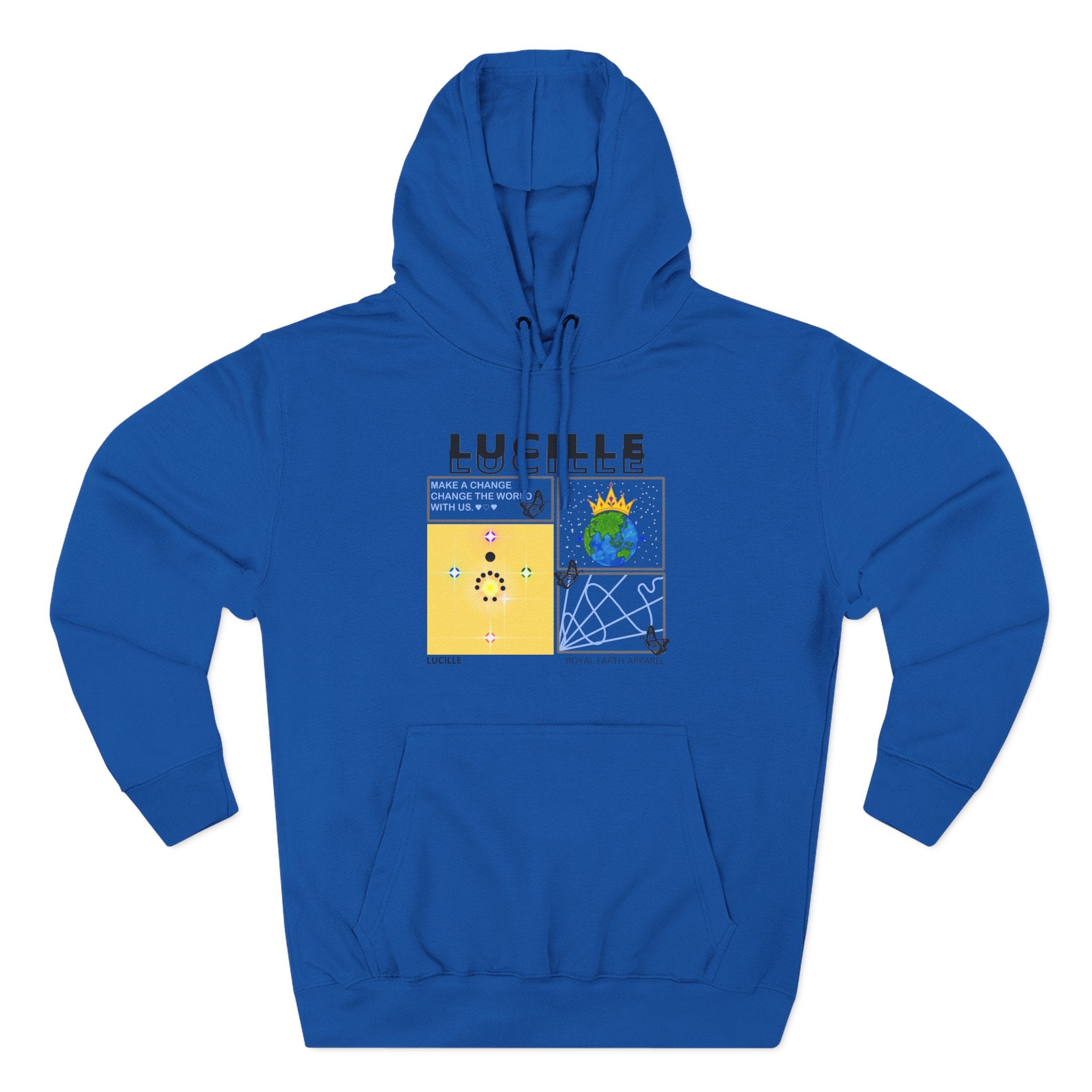 Royal blue hoodie with Lucille graphic design on a white background