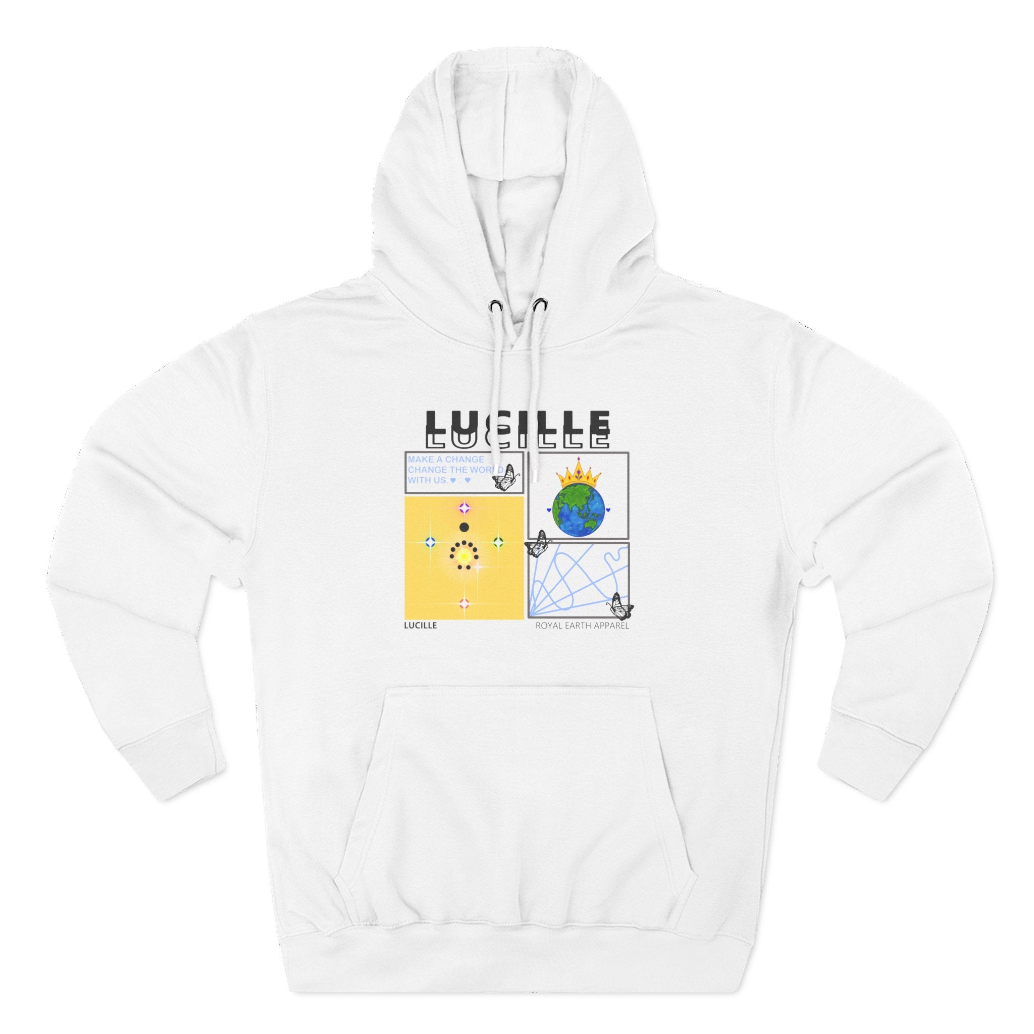 White hoodie with graphic design on a white background