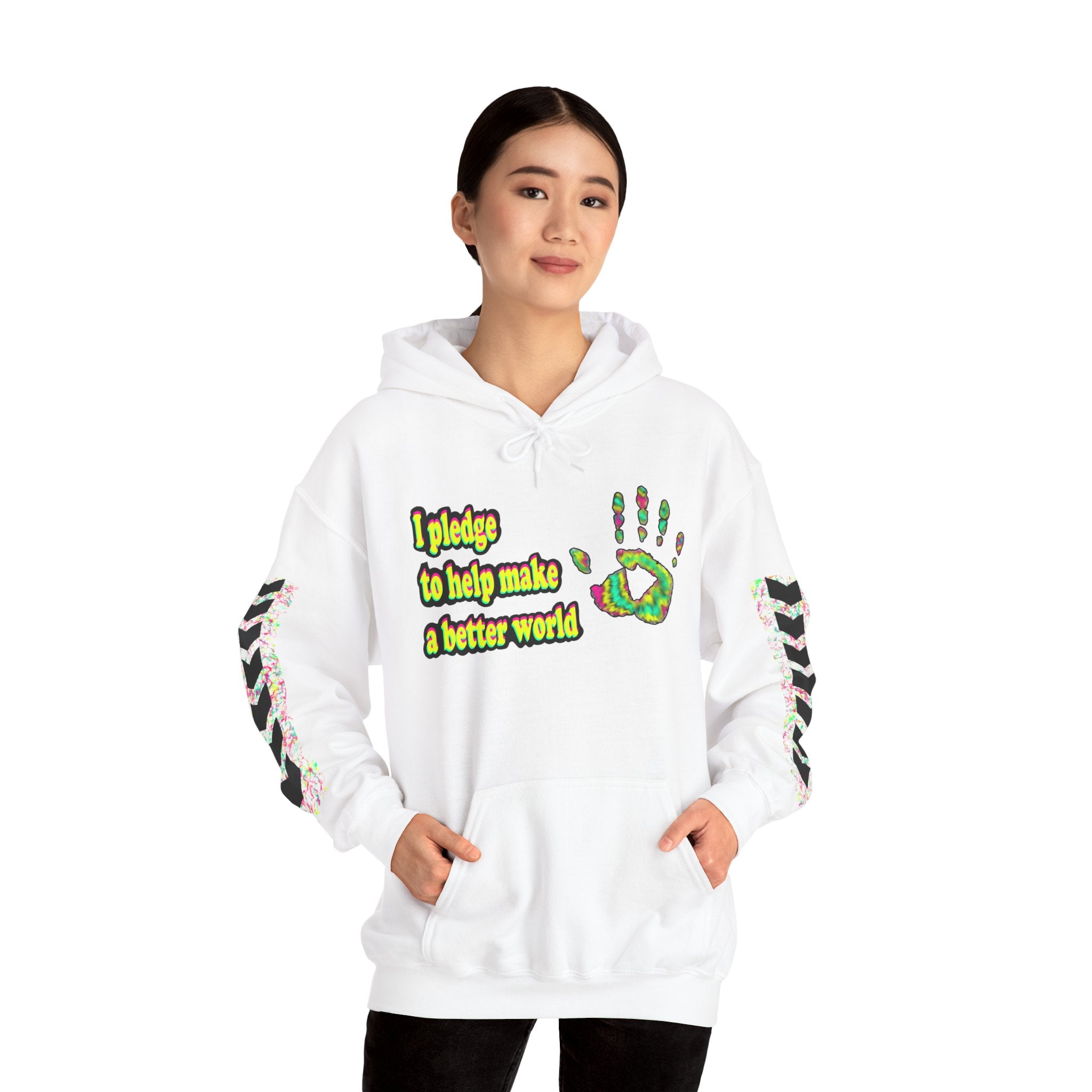 Person wearing a white hoodie with colorful graphics and text that reads 'I pledge to help make a better world' on a white background