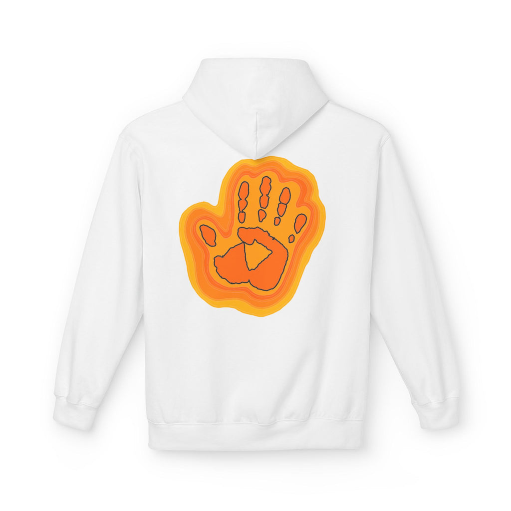 White hoodie with an orange handprint design on the back against a white background