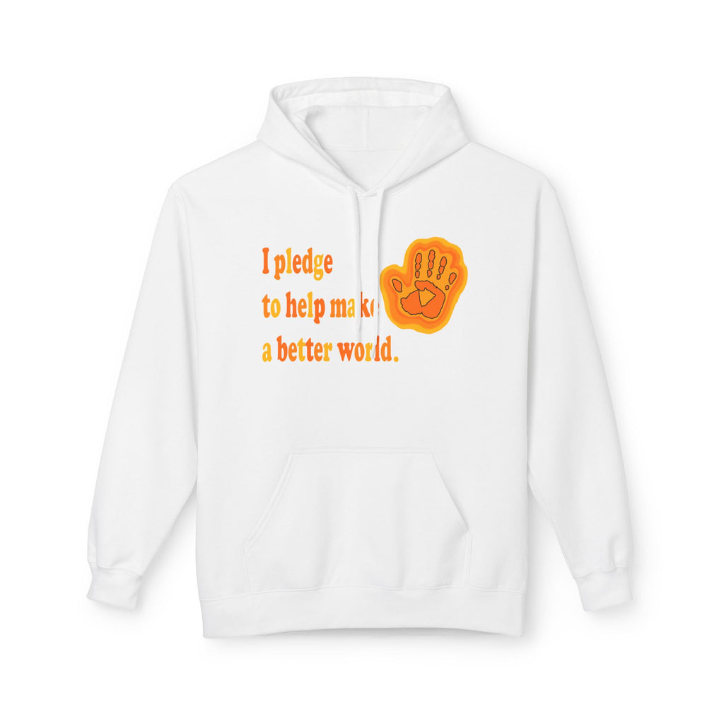 White hoodie with orange text and hand graphic on a white background