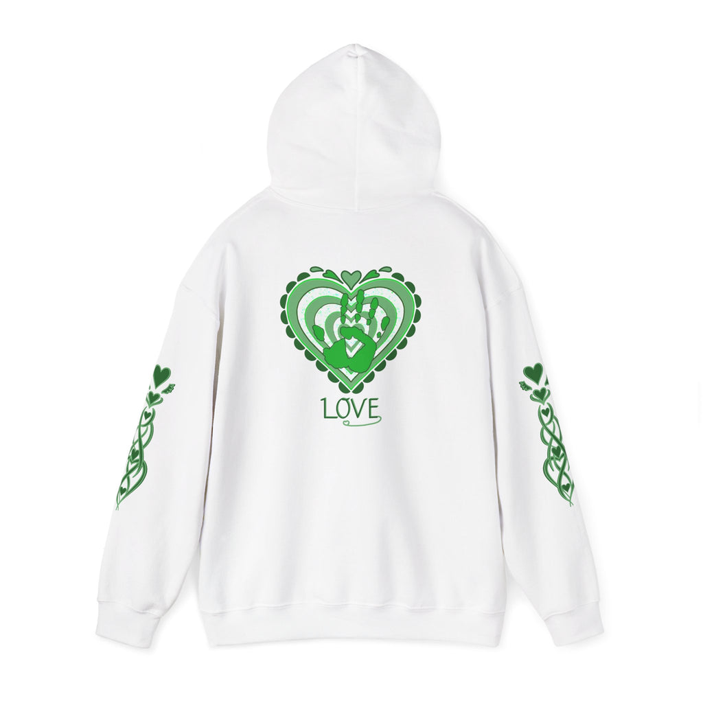 White hoodie with green heart design and 'LOVE' text on a white background