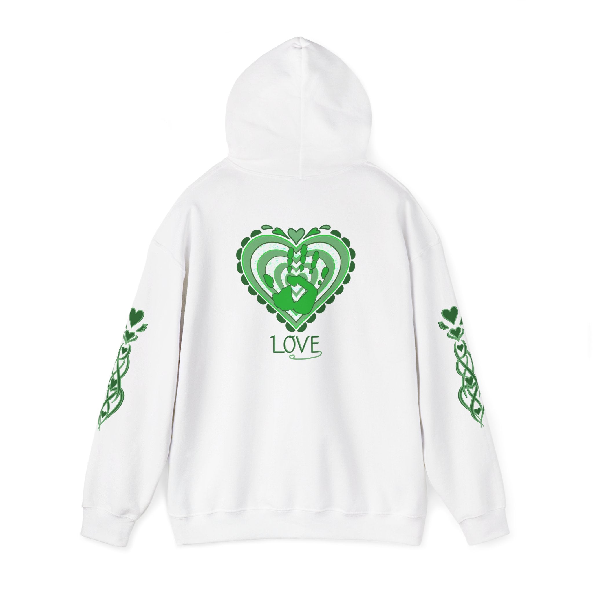 White hoodie with green heart design and 'LOVE' text on a white background