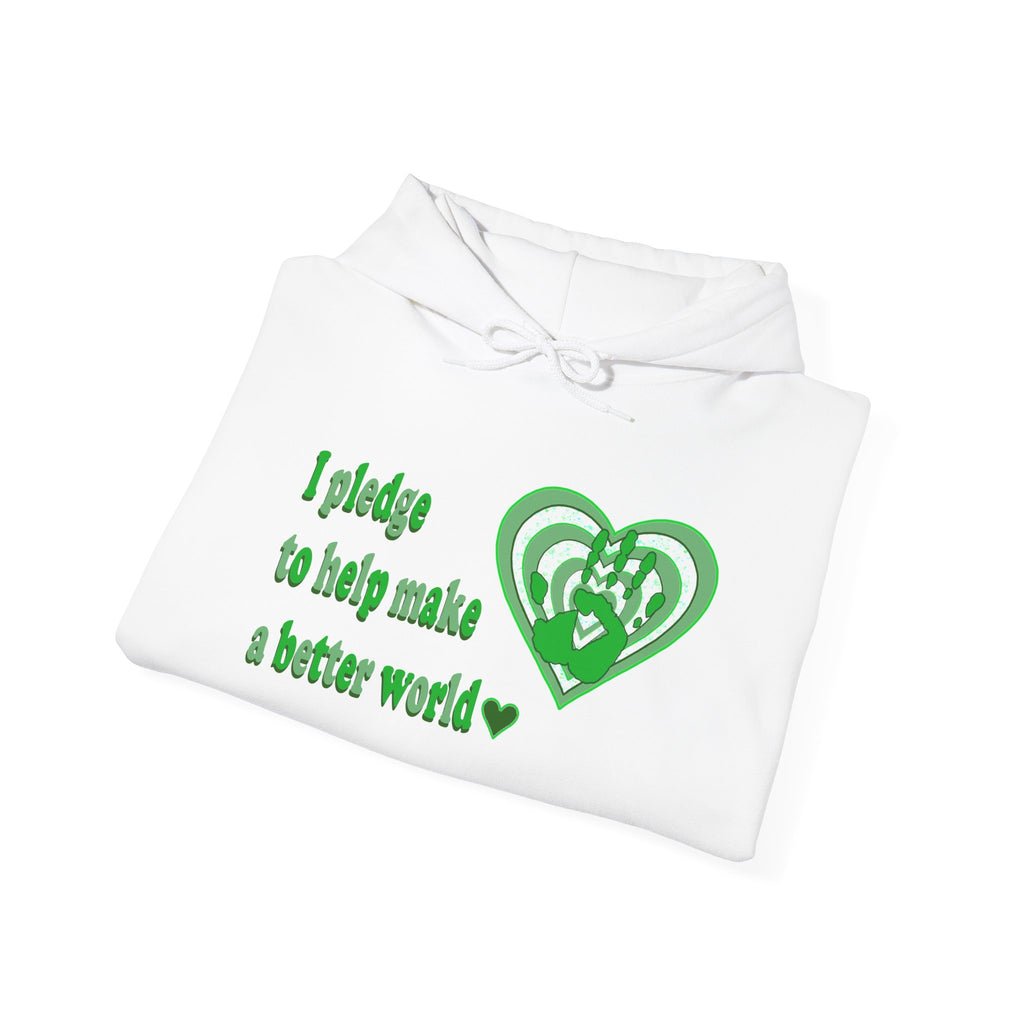 White hoodie with green text and heart design on a white background