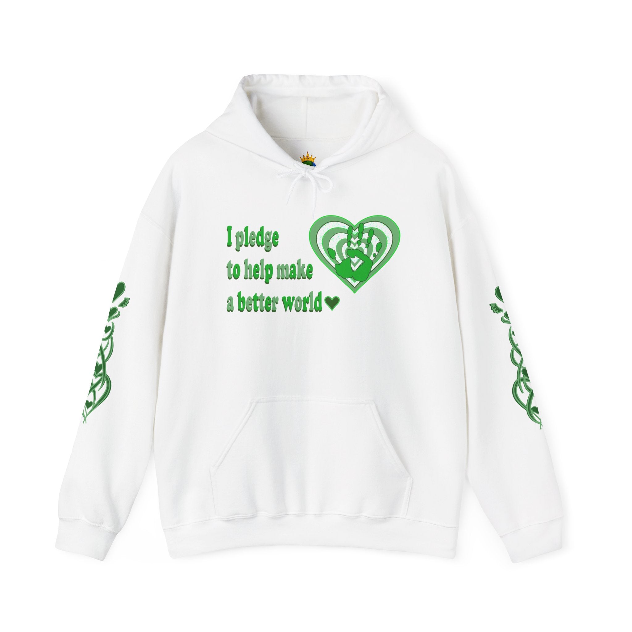 White hoodie with green text and graphics on a white background