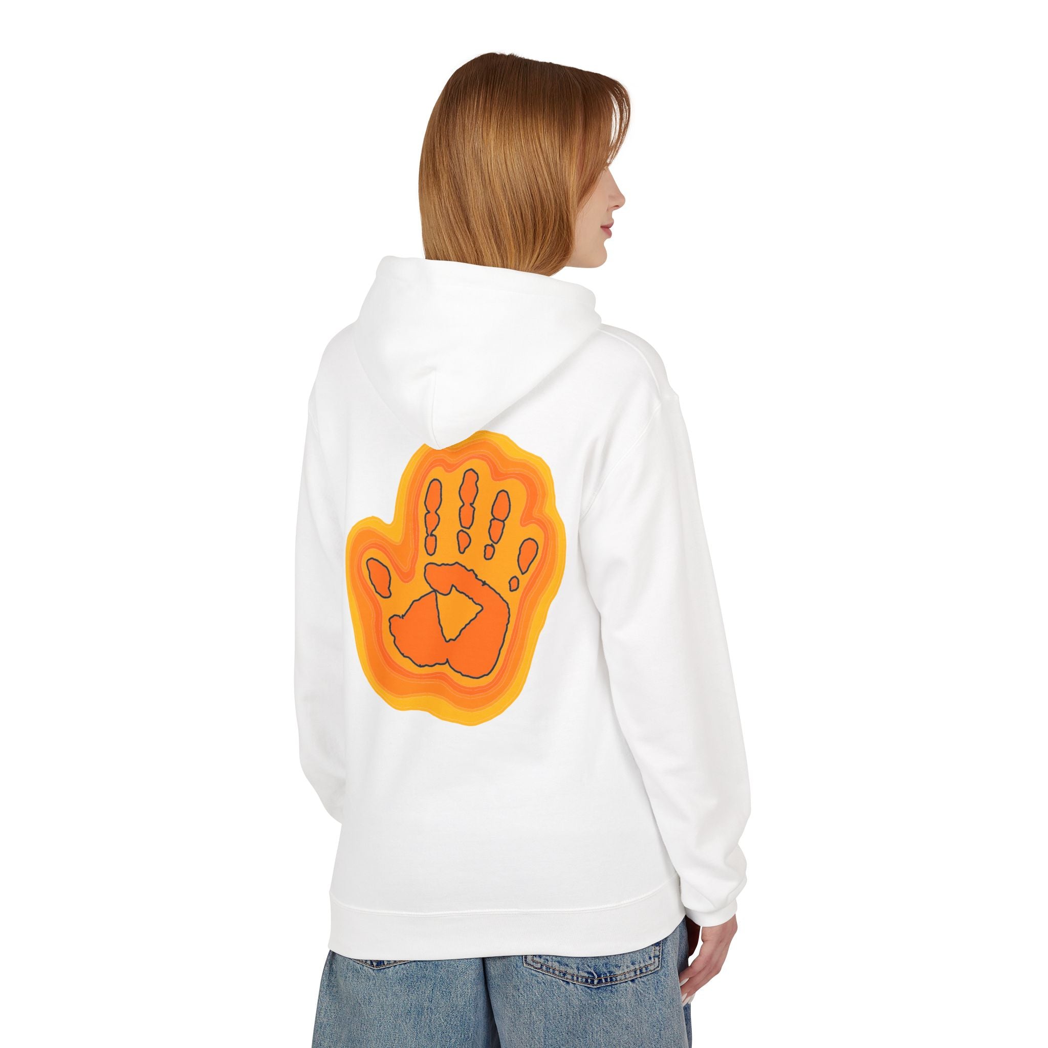 Person wearing a white hoodie with an orange handprint design on the back, standing against a white background.