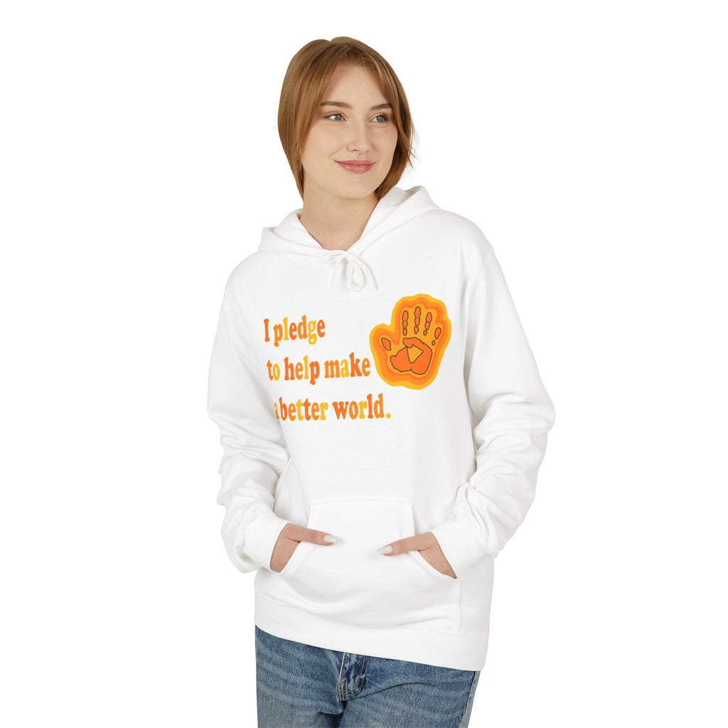 Person wearing a white hoodie with a message and logo on a white background