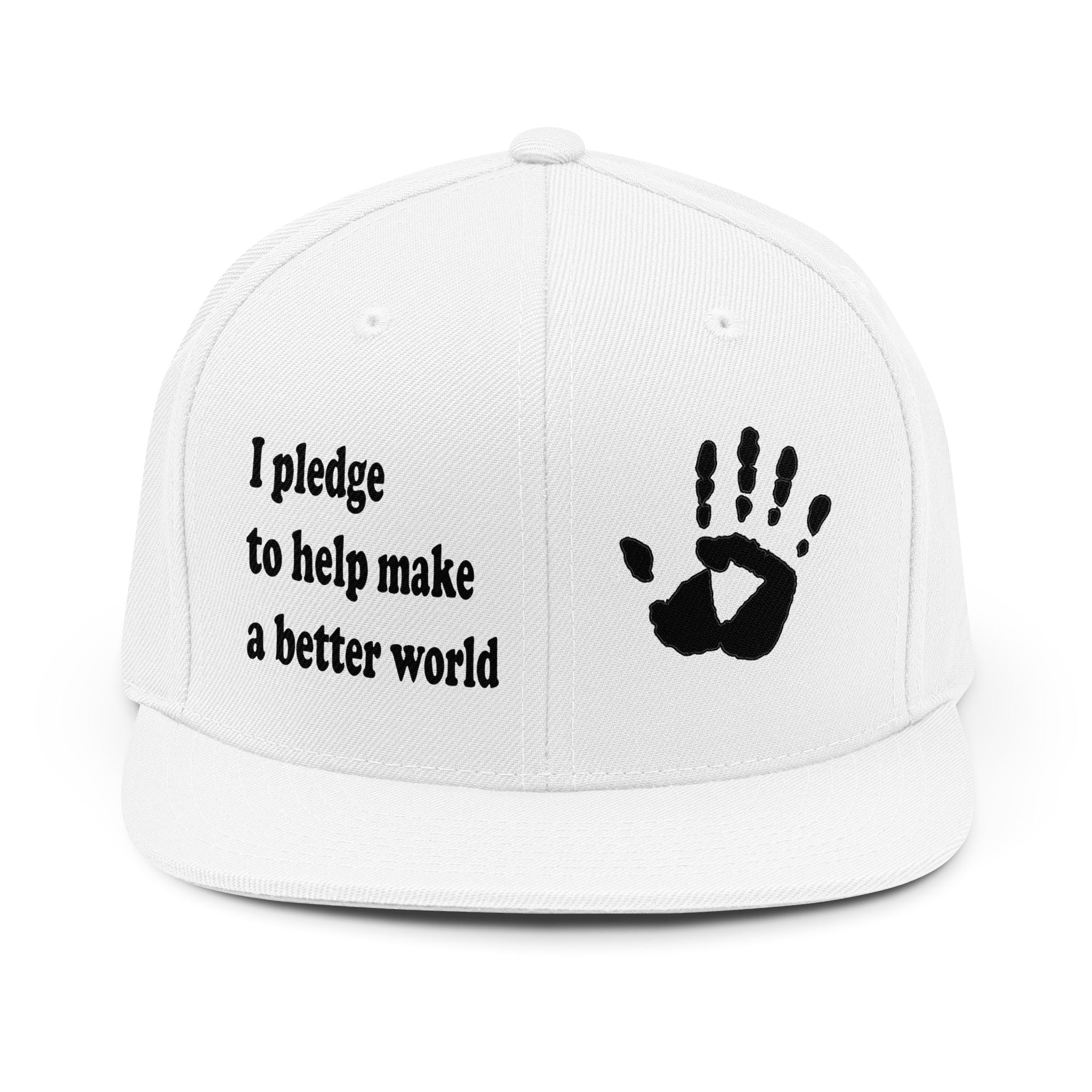 White cap with black text and hand print design on a white background