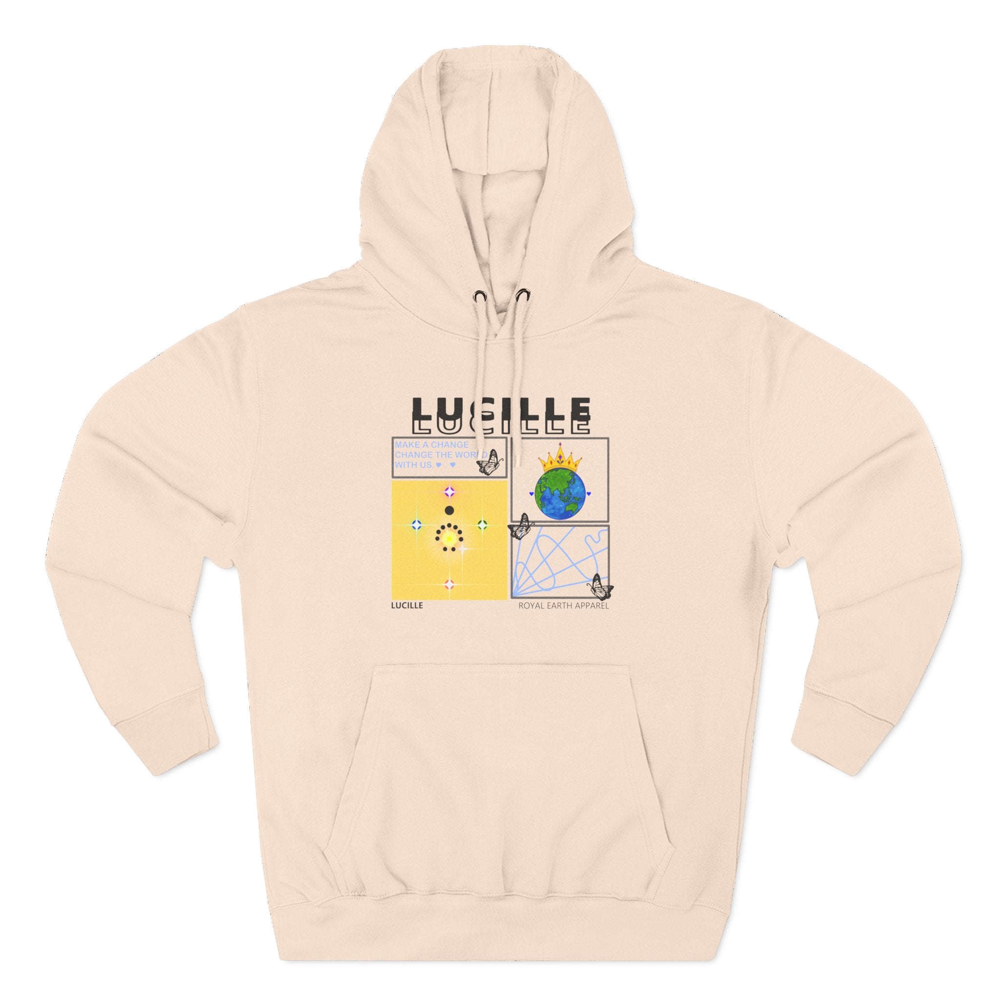 Beige hoodie with a graphic design and 'Lucille' text on a white background