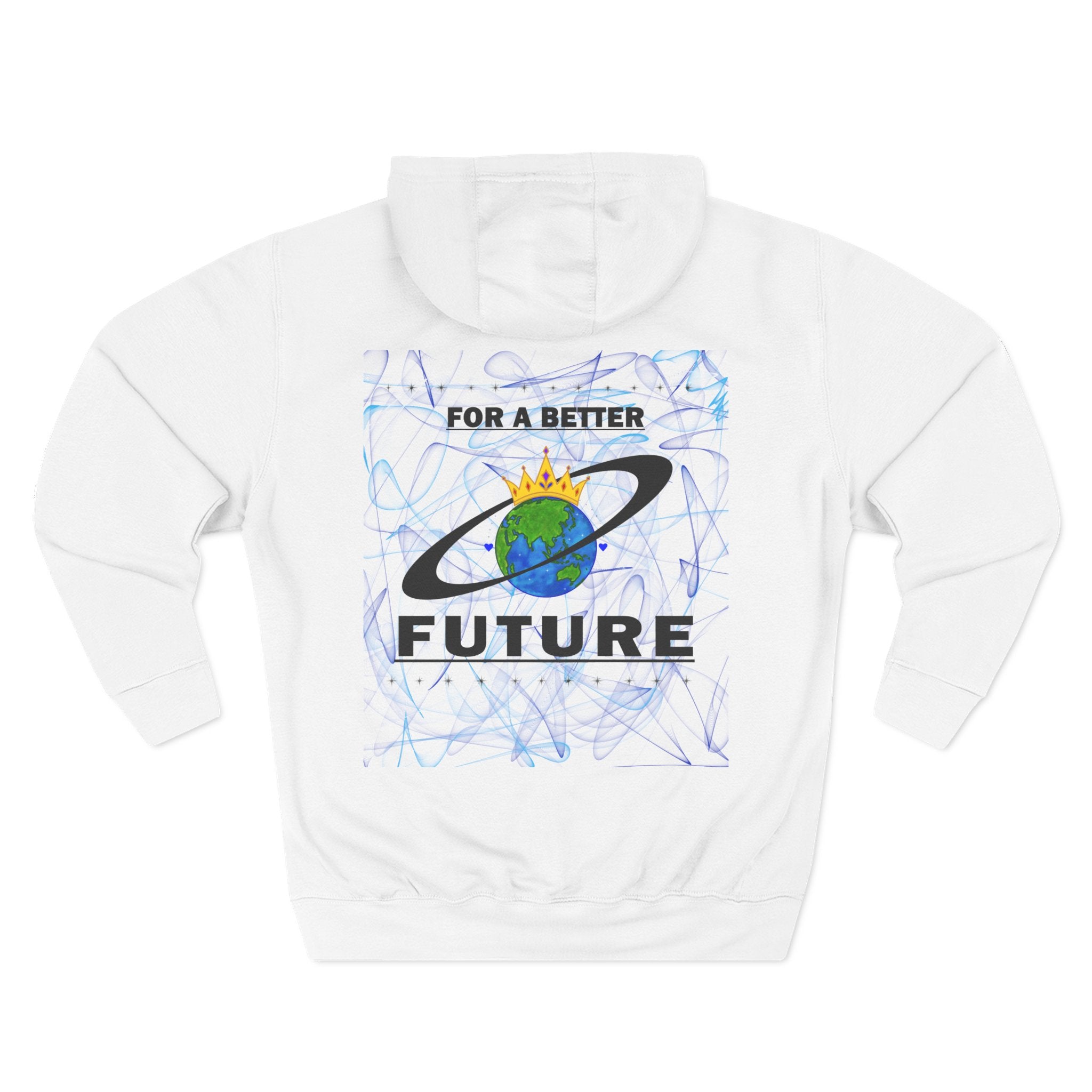 Back of a white hoodie with 'For a Better Future' design featuring the Royal Earth Apparel Logo on a white background